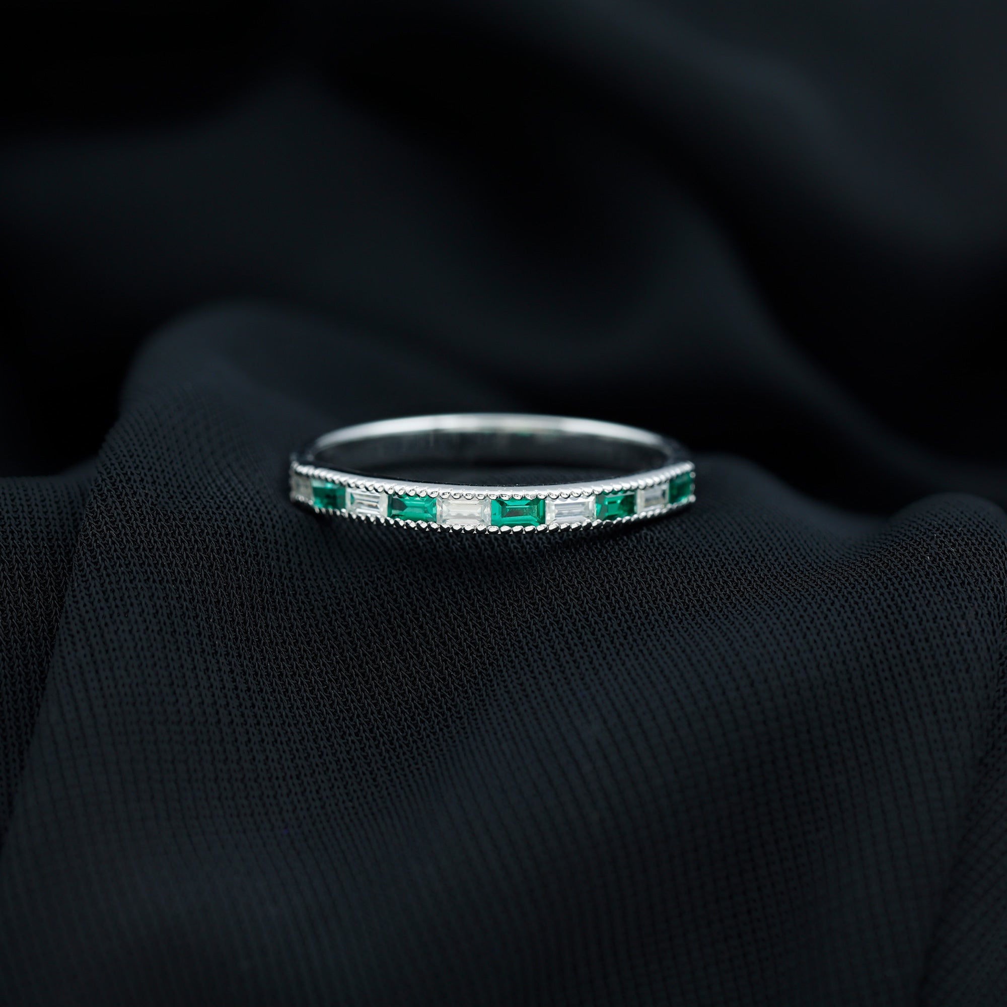 Baguette Cut Lab Grown Emerald and Diamond Band Ring Lab Created Emerald - ( AAAA ) - Quality - Rosec Jewels