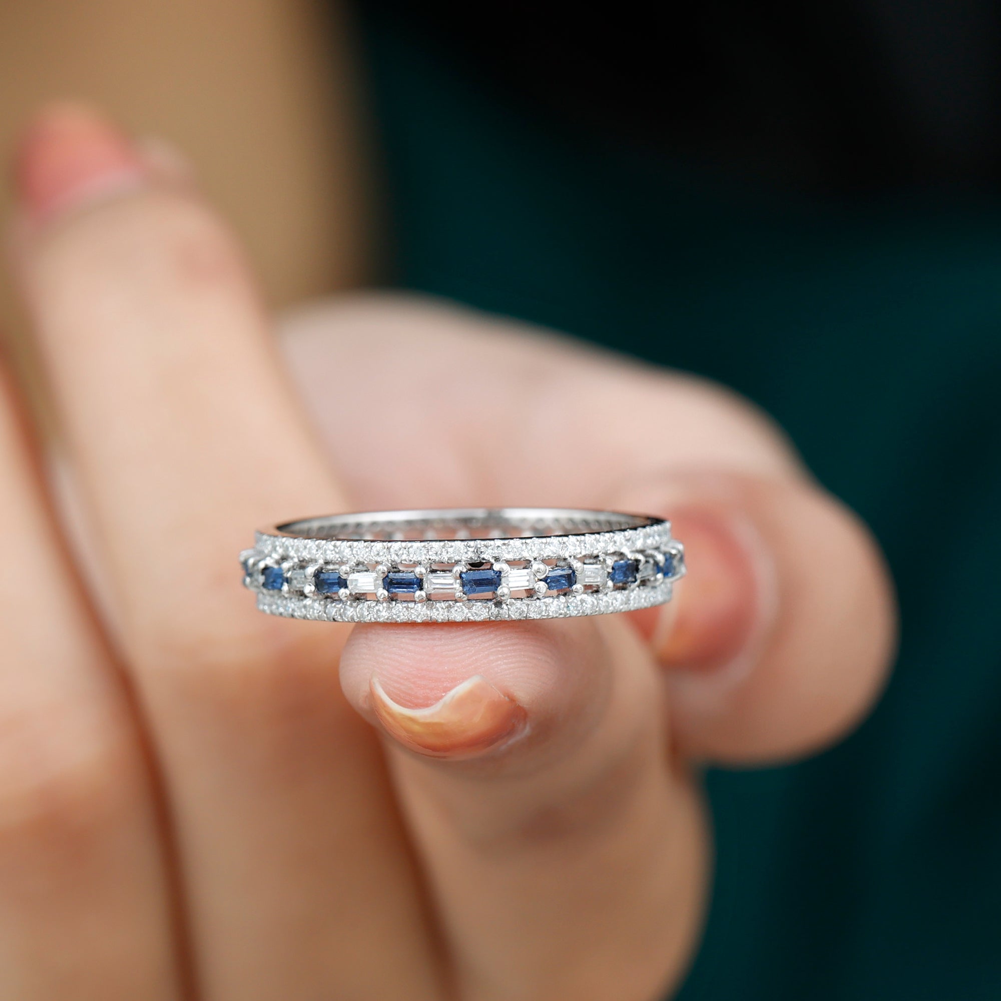 Baguette Cut Lab Grown Blue Sapphire and Moissanite Wedding Band Lab Created Blue Sapphire - ( AAAA ) - Quality - Rosec Jewels