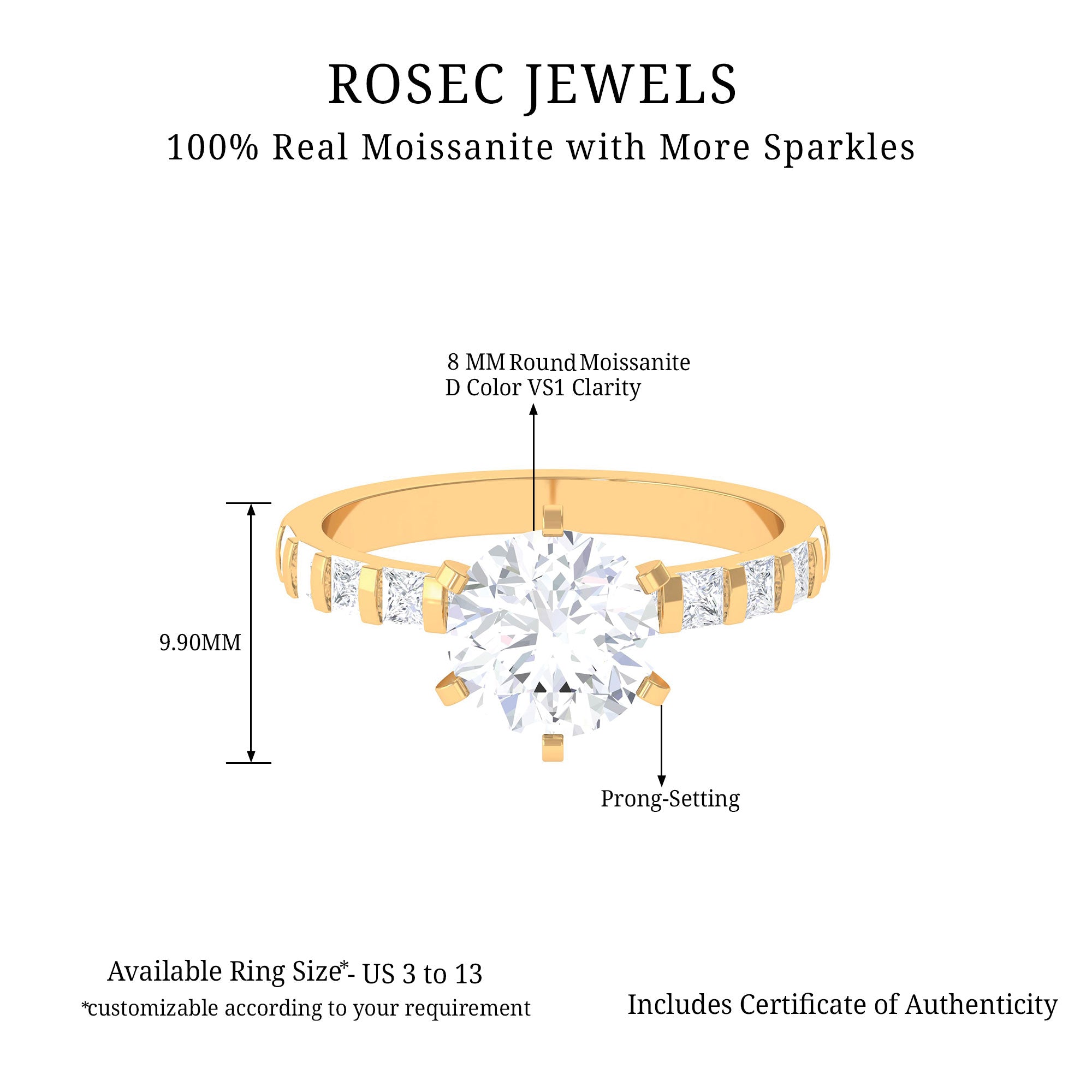 Round Moissanite Solitaire Engagement Ring with Princess Cut Side Stones Moissanite - ( D-VS1 ) - Color and Clarity - Rosec Jewels