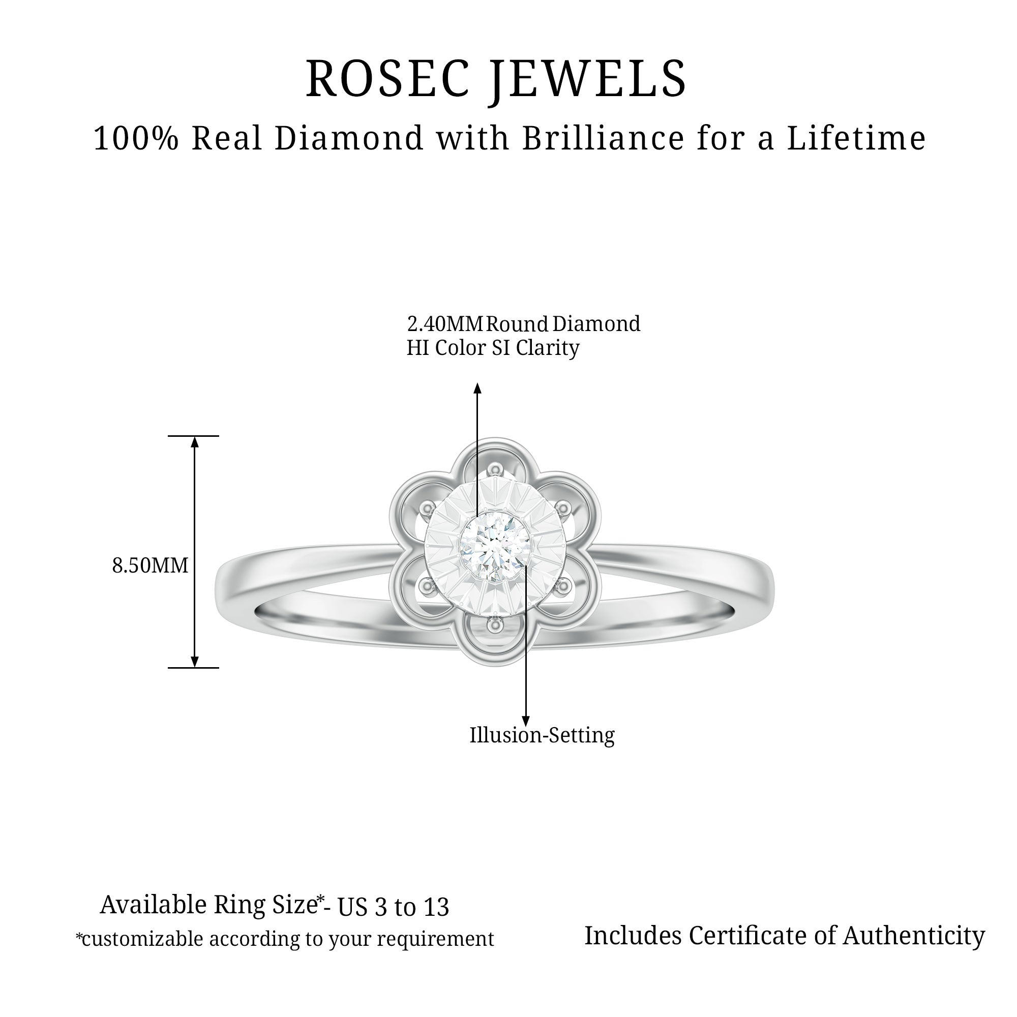 Real Diamond Solitaire Flower Ring with Miracle Plate Diamond - ( HI-SI ) - Color and Clarity - Rosec Jewels