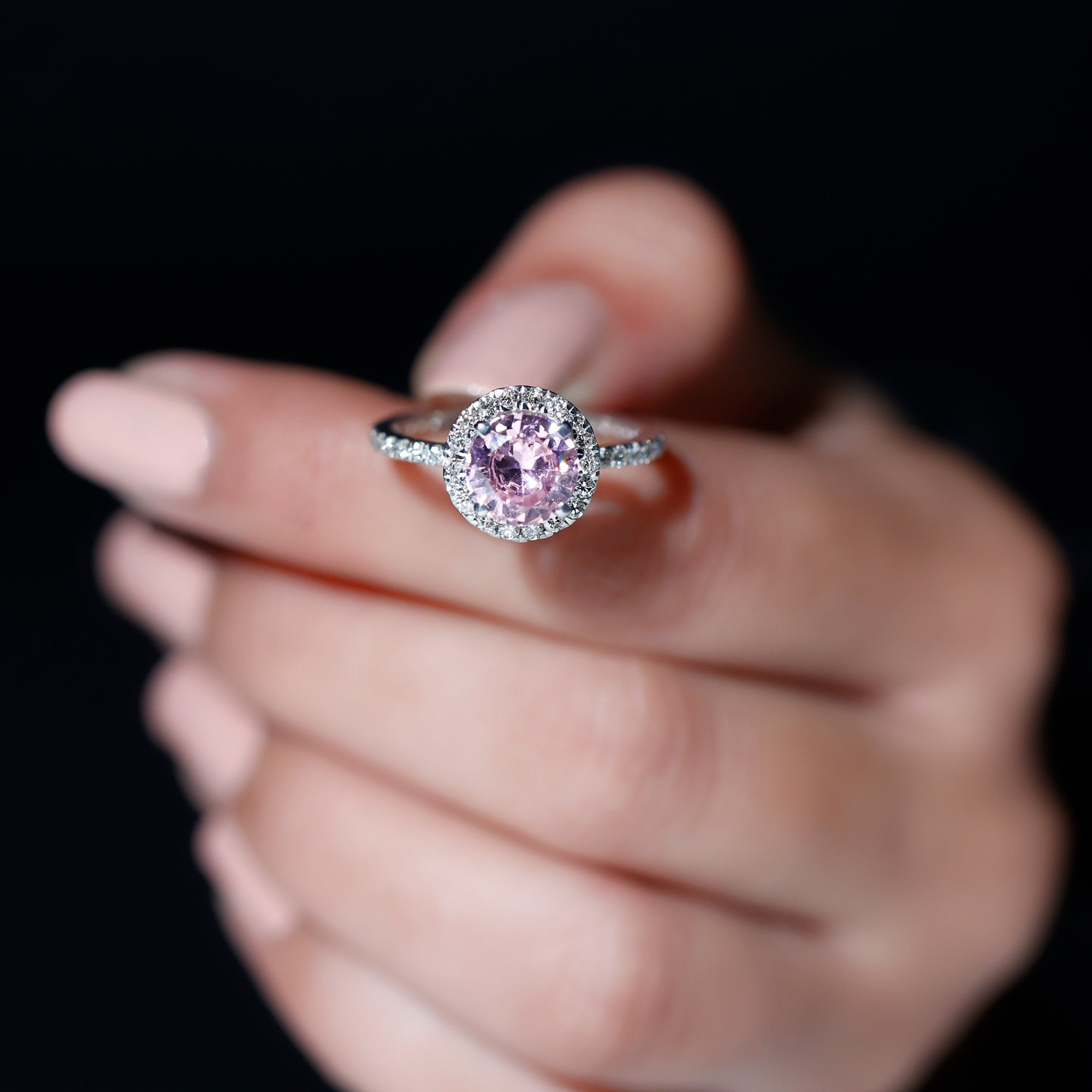 Round Lab Created Pink Sapphire Halo Engagement Ring with Diamond Lab Created Pink Sapphire - ( AAAA ) - Quality - Rosec Jewels