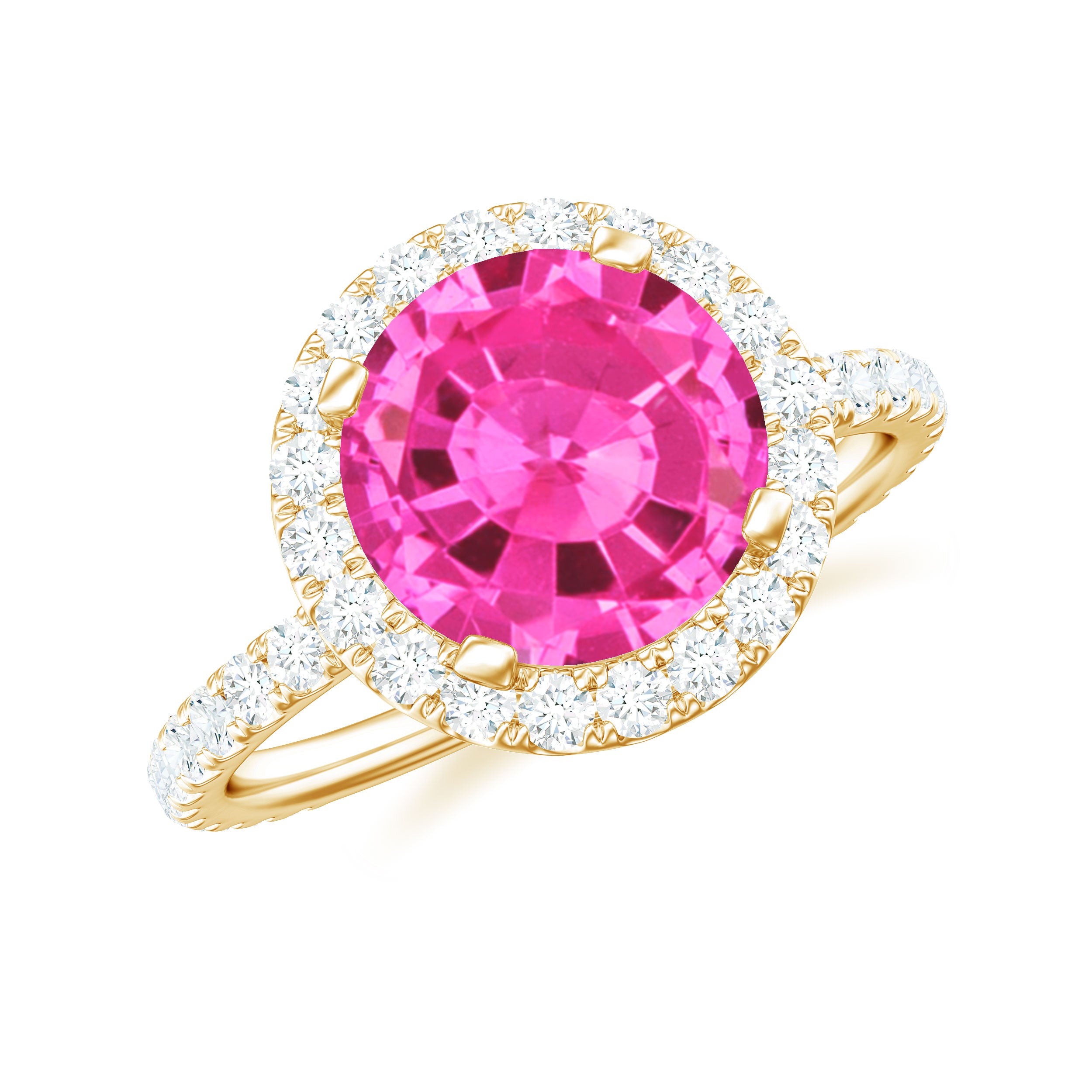 Round Lab Created Pink Sapphire Halo Engagement Ring with Diamond Lab Created Pink Sapphire - ( AAAA ) - Quality - Rosec Jewels