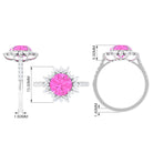 Created Pink Sapphire Cocktail Ring with Moissanite Floral Halo Lab Created Pink Sapphire - ( AAAA ) - Quality - Rosec Jewels