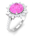 Created Pink Sapphire Cocktail Ring with Moissanite Floral Halo Lab Created Pink Sapphire - ( AAAA ) - Quality - Rosec Jewels