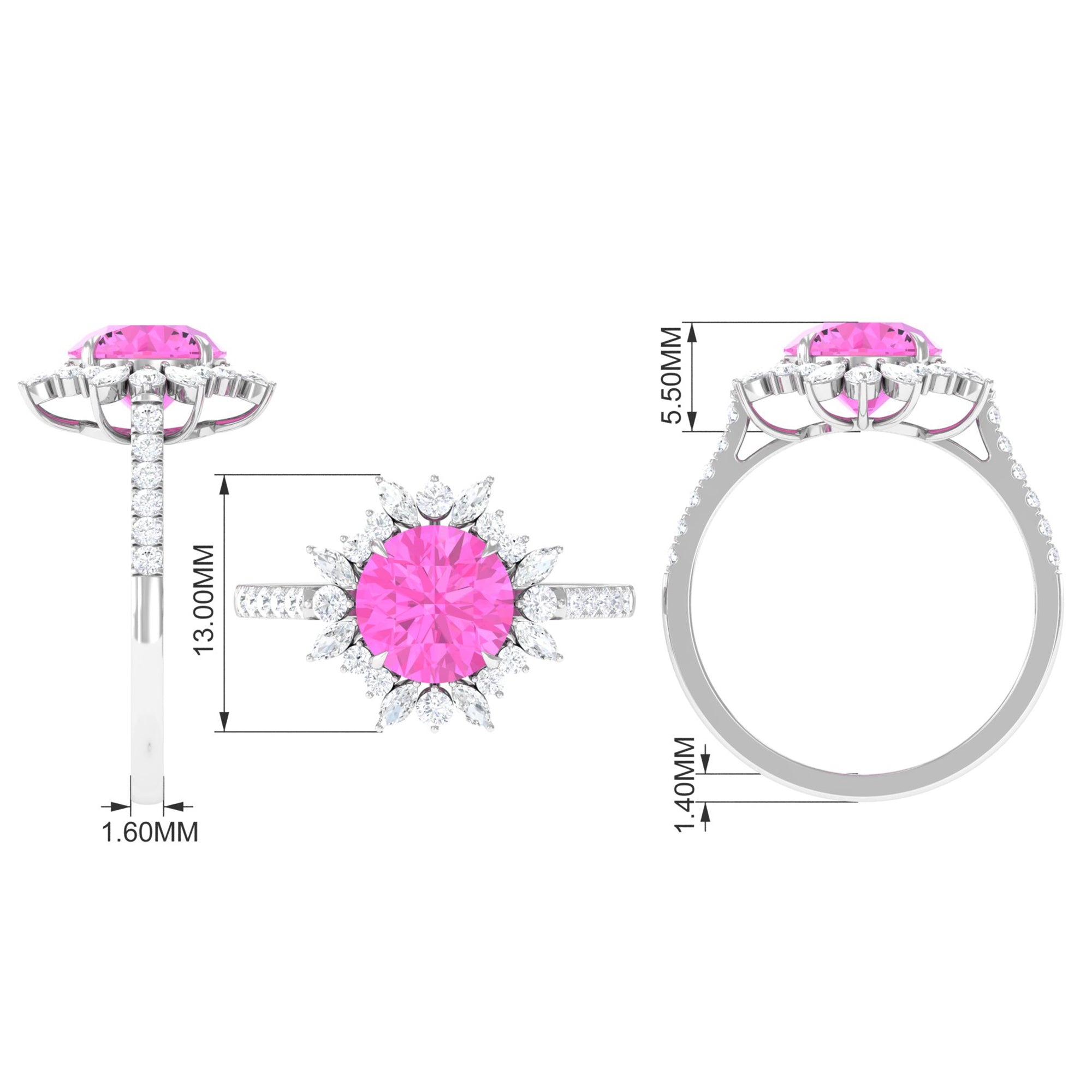 Created Pink Sapphire Cocktail Ring with Moissanite Floral Halo Lab Created Pink Sapphire - ( AAAA ) - Quality - Rosec Jewels