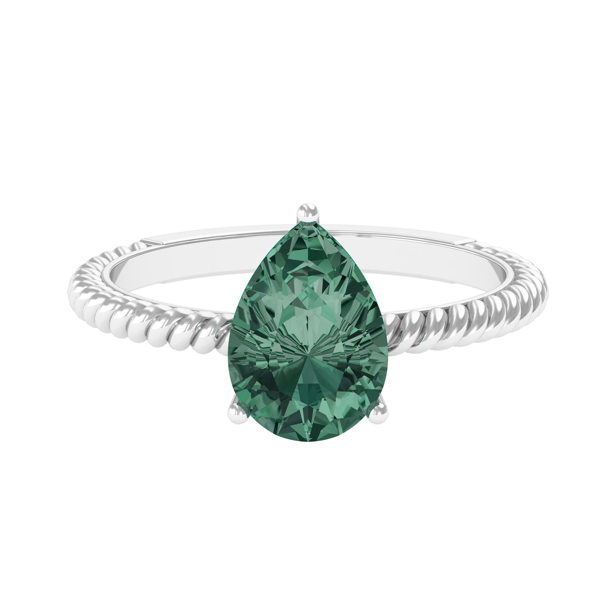 Pear Shape Created Green Sapphire Solitaire Engagement Ring Lab Created Green Sapphire - ( AAAA ) - Quality - Rosec Jewels