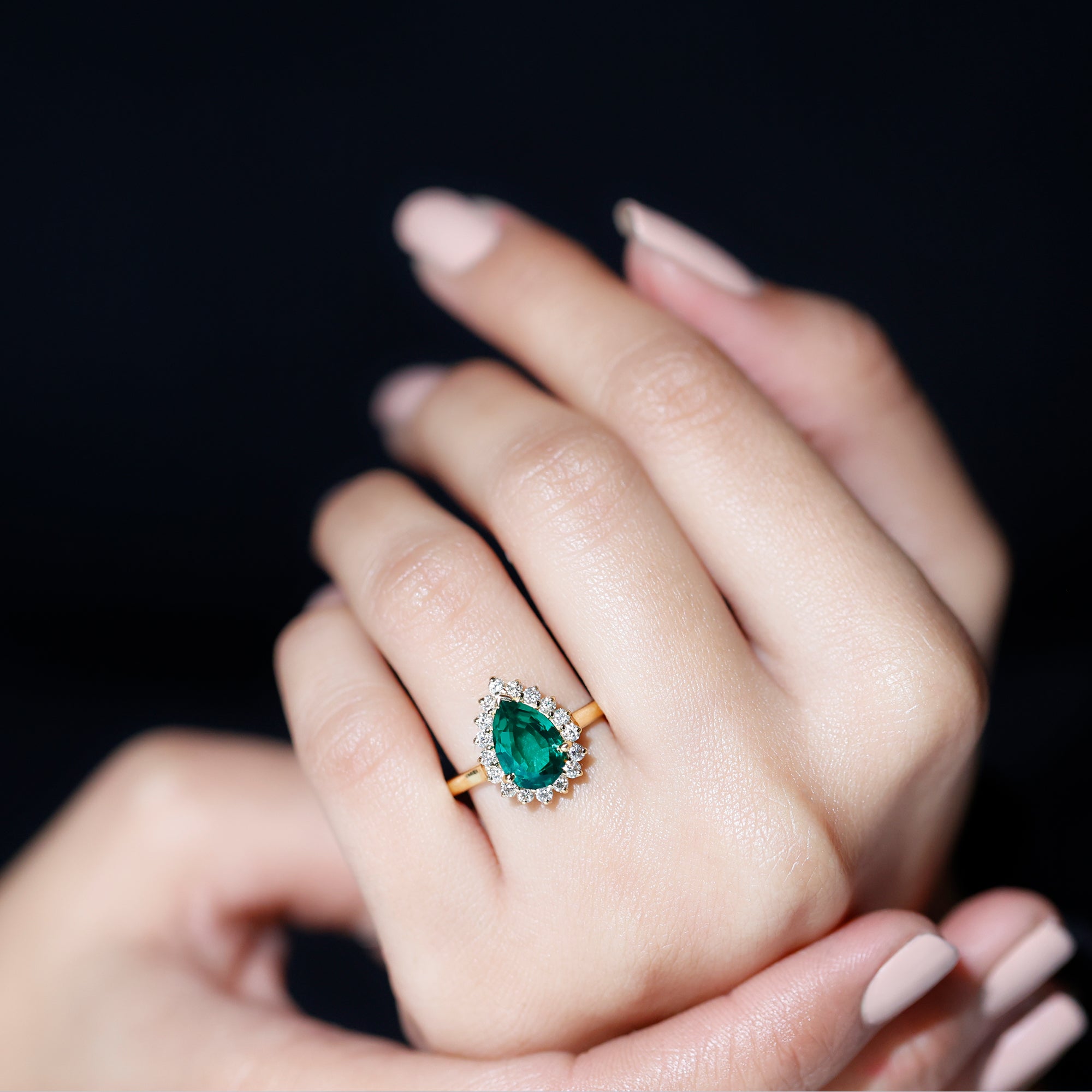 Pear Created Emerald and Diamond Halo Engagement Ring Lab Created Emerald - ( AAAA ) - Quality - Rosec Jewels