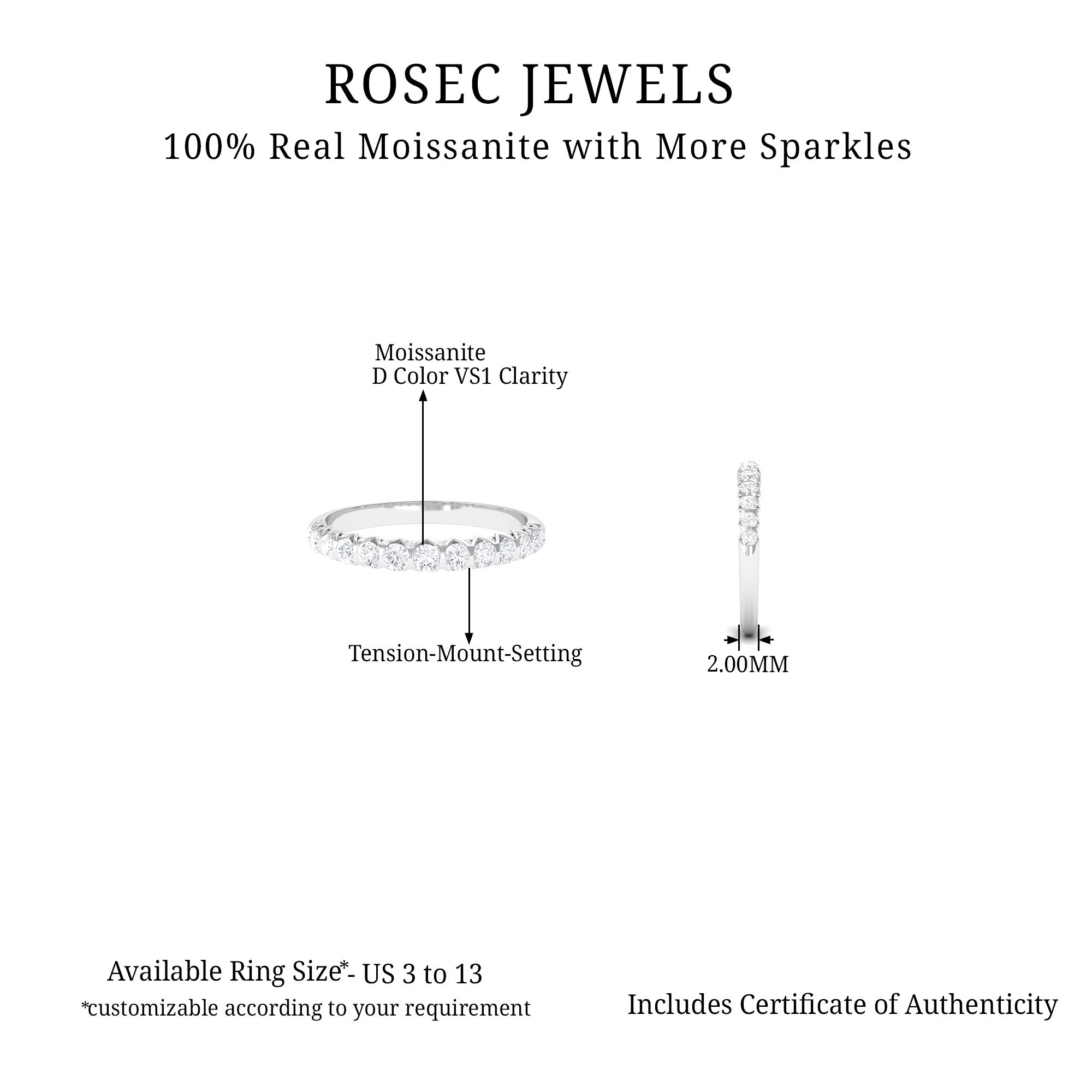 Round Certified Moissanite Half Eternity Ring Moissanite - ( D-VS1 ) - Color and Clarity - Rosec Jewels