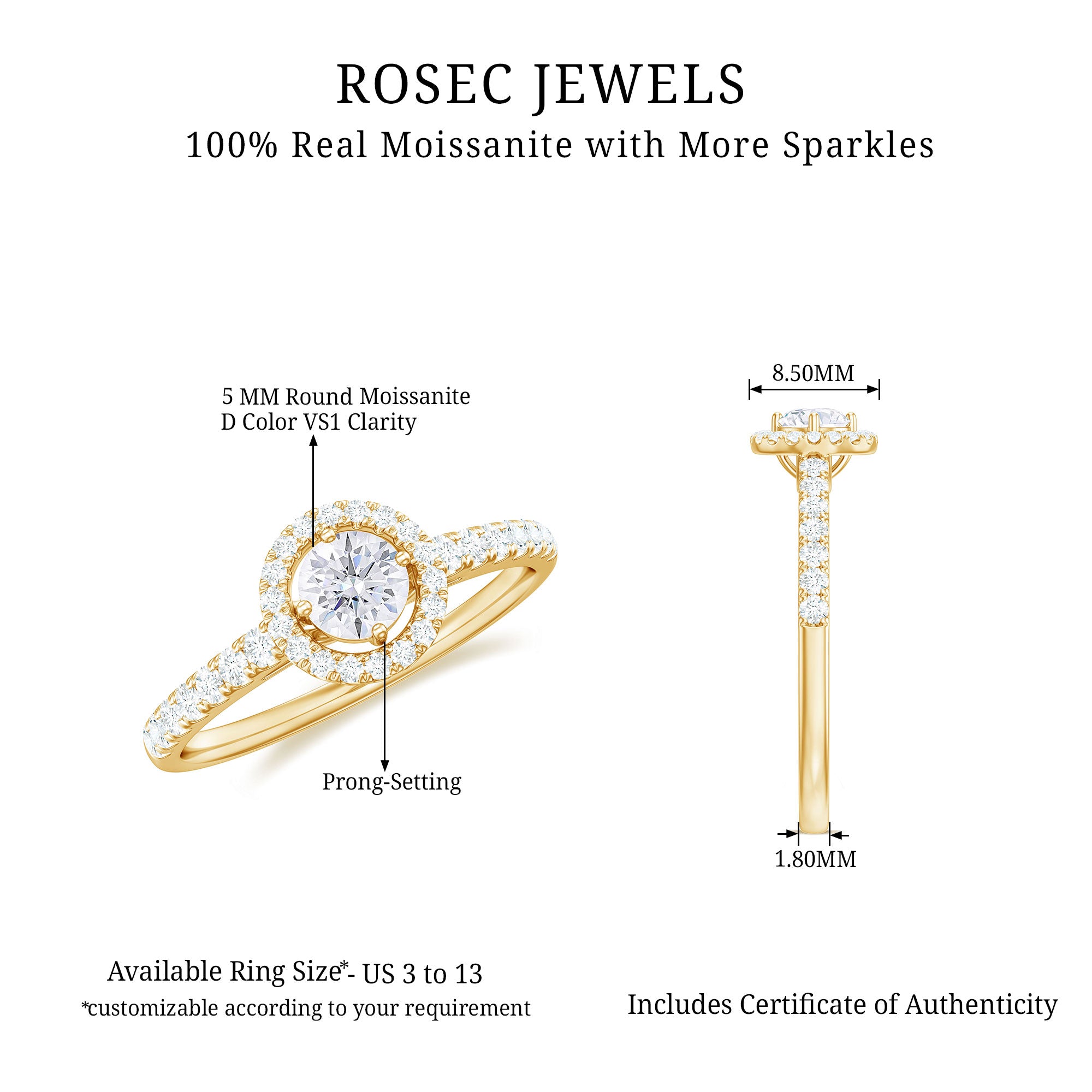 Round Cut Moissanite Halo Promise Ring in Gold Moissanite - ( D-VS1 ) - Color and Clarity - Rosec Jewels