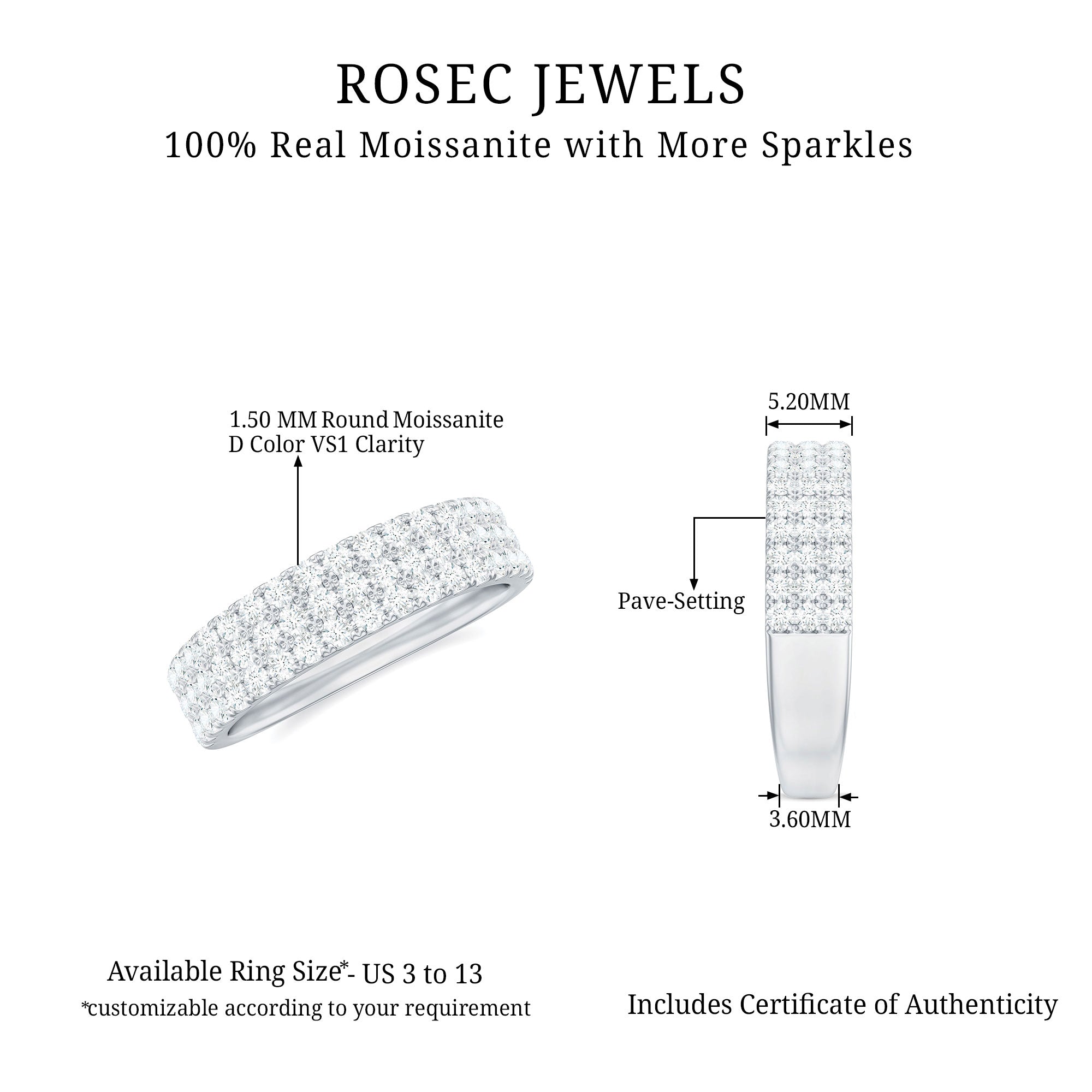 1.5 CT Moissanite Half Eternity Band Ring Moissanite - ( D-VS1 ) - Color and Clarity - Rosec Jewels