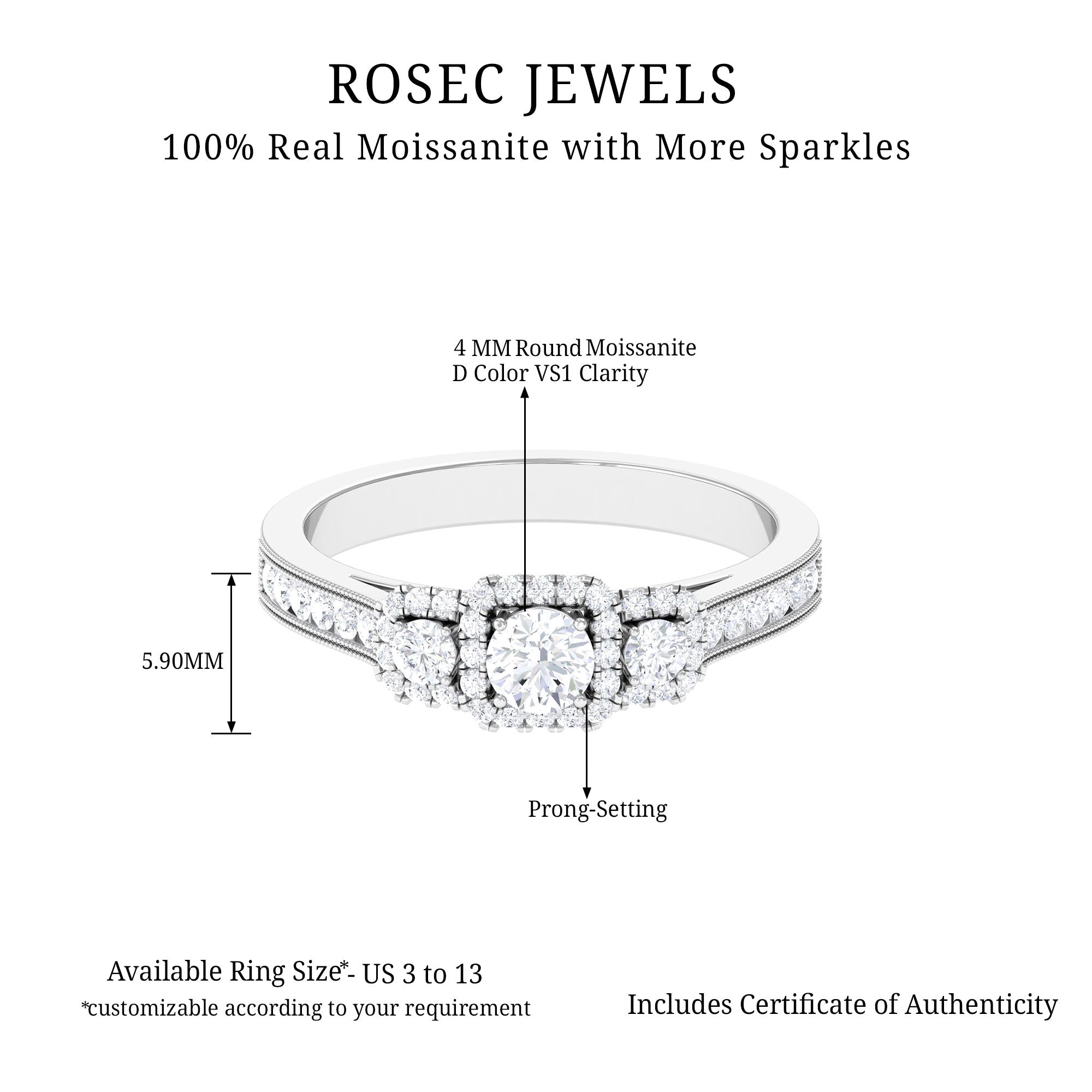 Vintage Style Moissanite 3 Stone Engagement Ring Moissanite - ( D-VS1 ) - Color and Clarity - Rosec Jewels