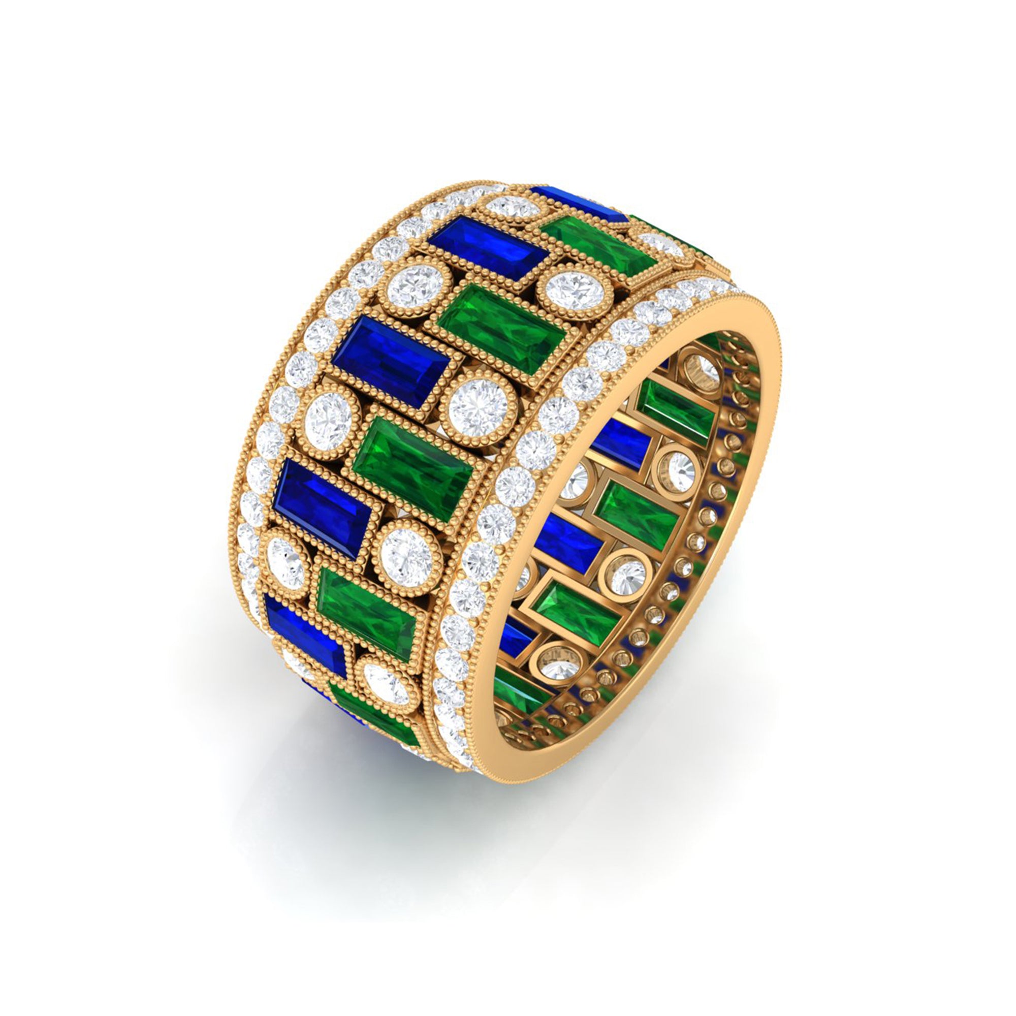 Lab Grown Emerald And Blue Sapphire Wide Wedding Band With Moissanite Lab Created Blue Sapphire - ( AAAA ) - Quality - Rosec Jewels