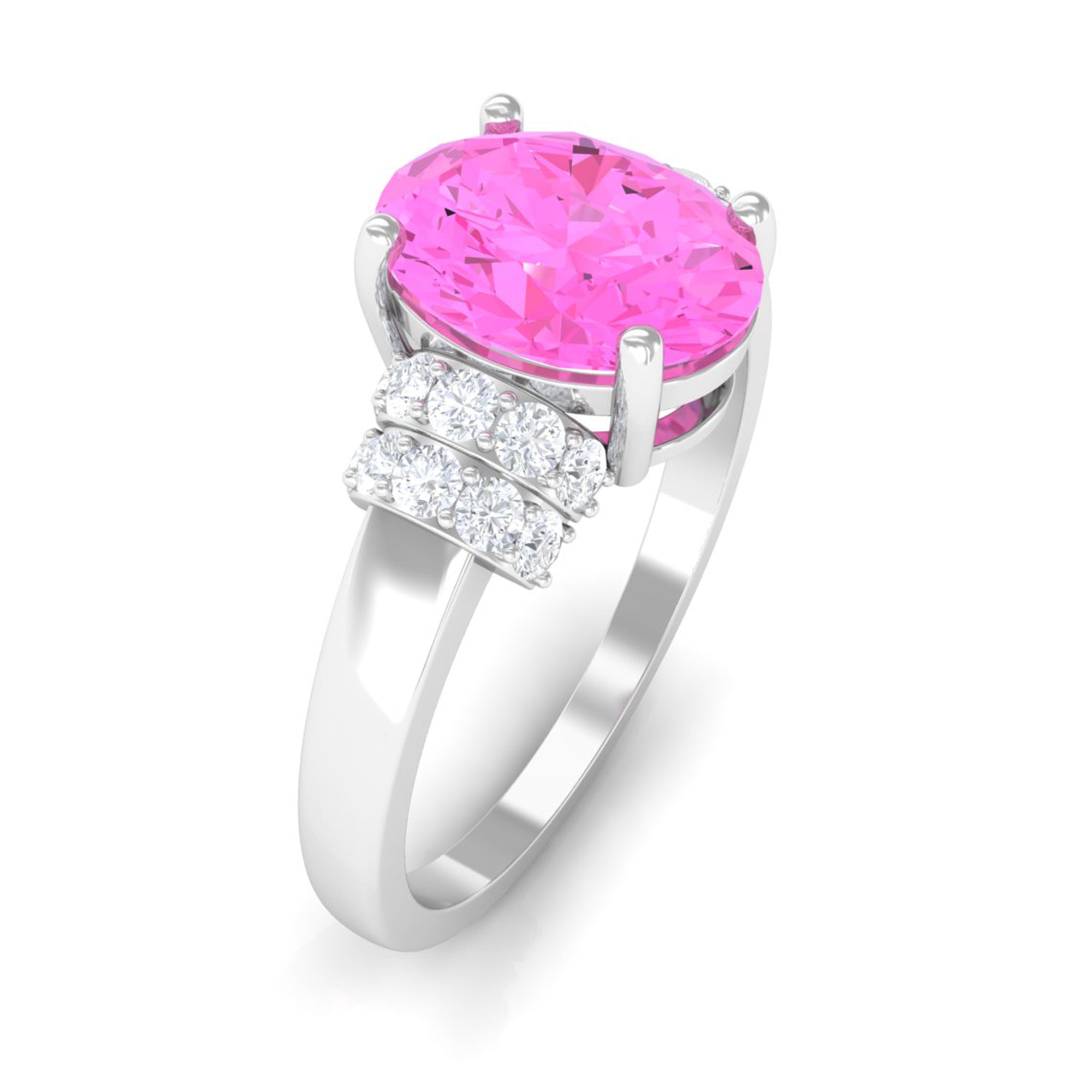 Created Pink Sapphire Oval Engagement Ring with Diamond Accent Lab Created Pink Sapphire - ( AAAA ) - Quality - Rosec Jewels