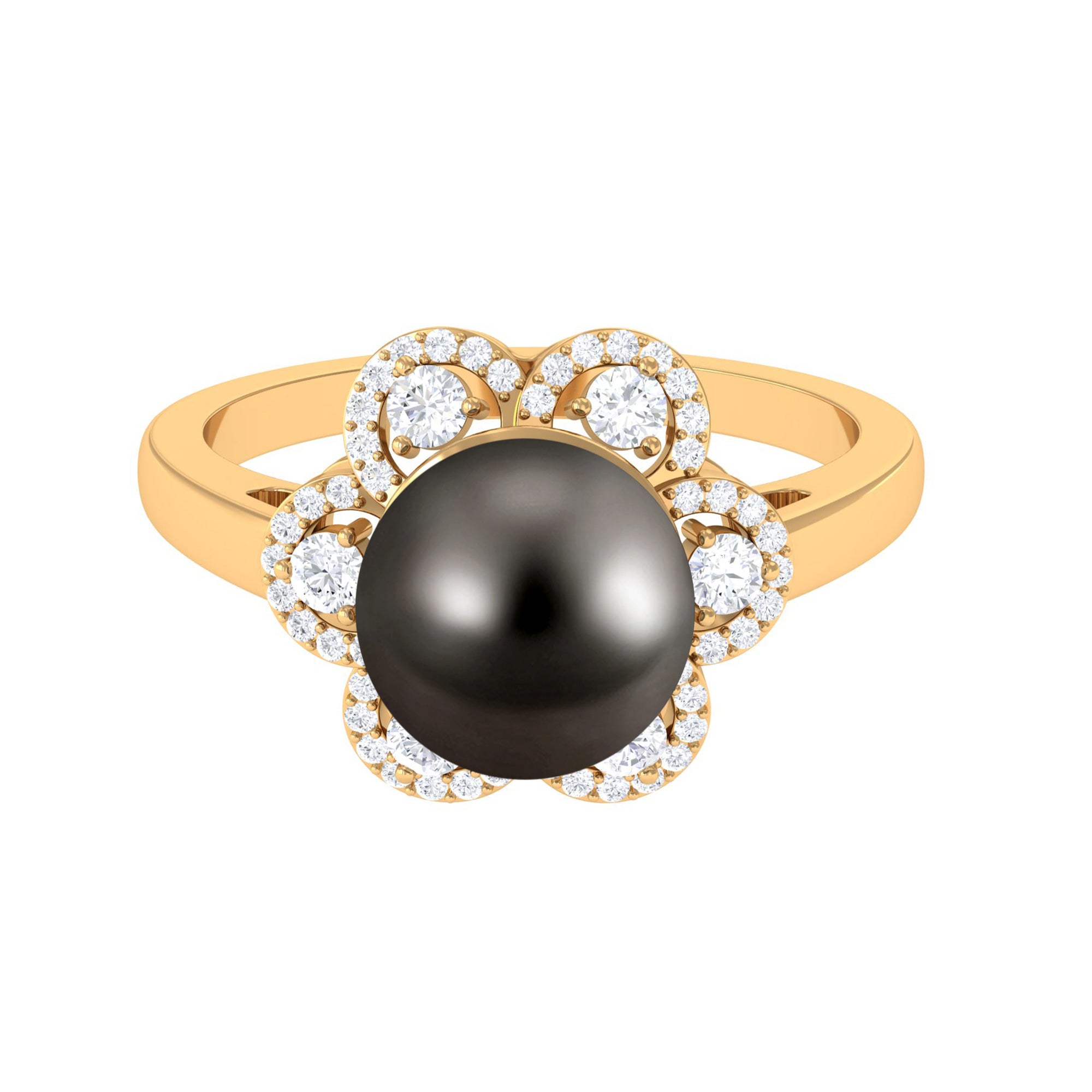 Natural Tahitian Pearl Flower Cocktail Ring with Diamond Tahitian pearl - ( AAA ) - Quality - Rosec Jewels