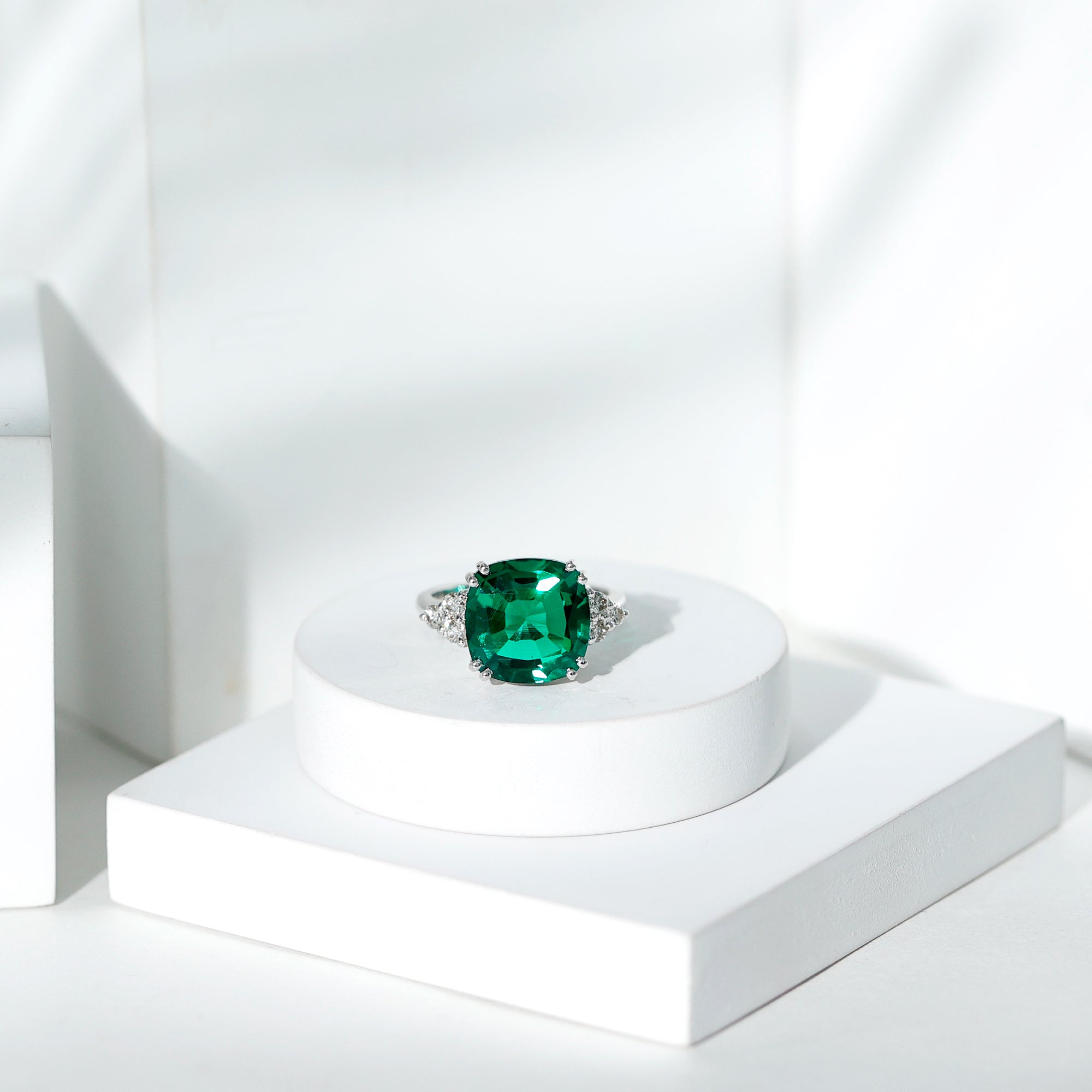 Cushion Cut Created Emerald Engagement Ring with Diamond Trio Lab Created Emerald - ( AAAA ) - Quality - Rosec Jewels