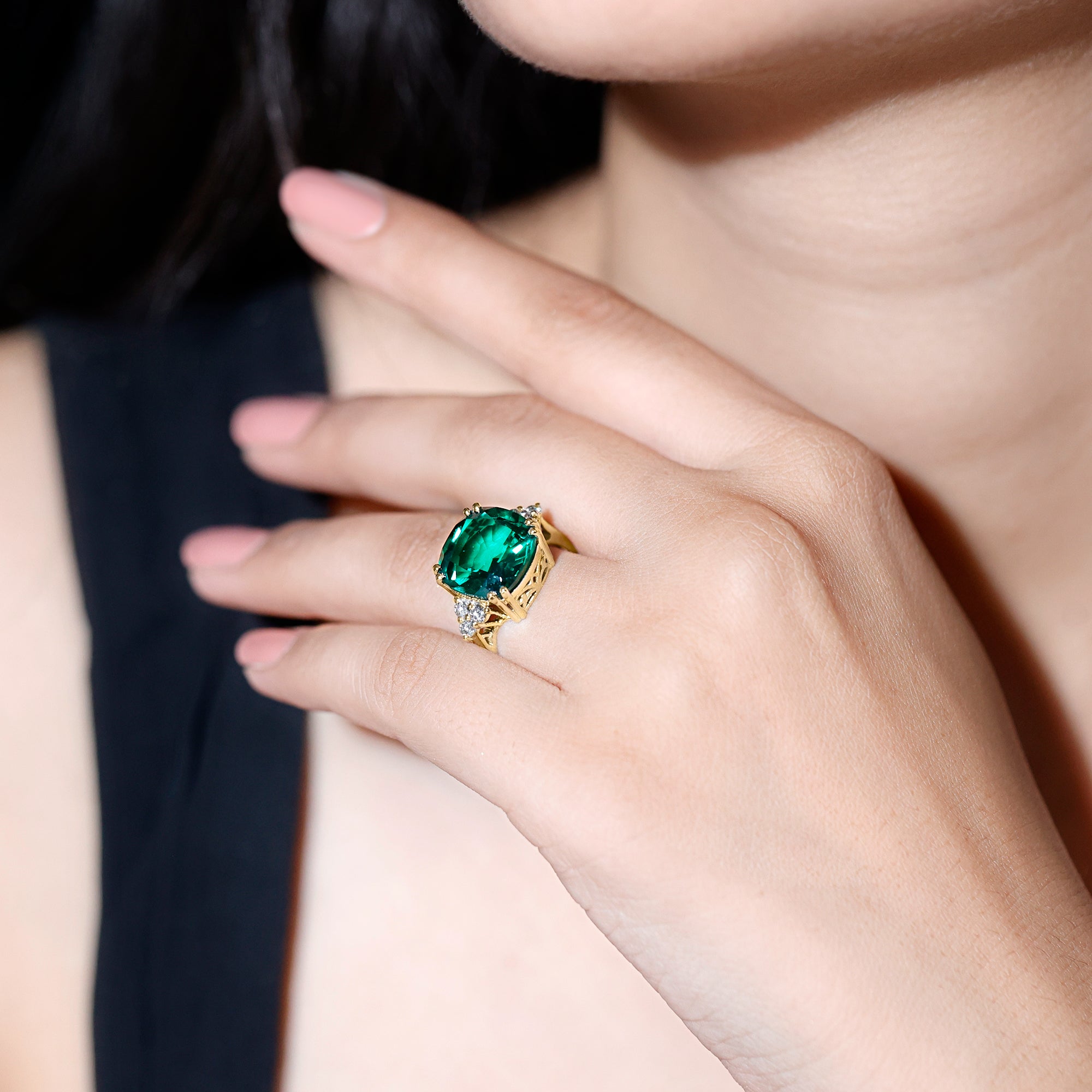 Cushion Cut Created Emerald Engagement Ring with Diamond Trio Lab Created Emerald - ( AAAA ) - Quality - Rosec Jewels