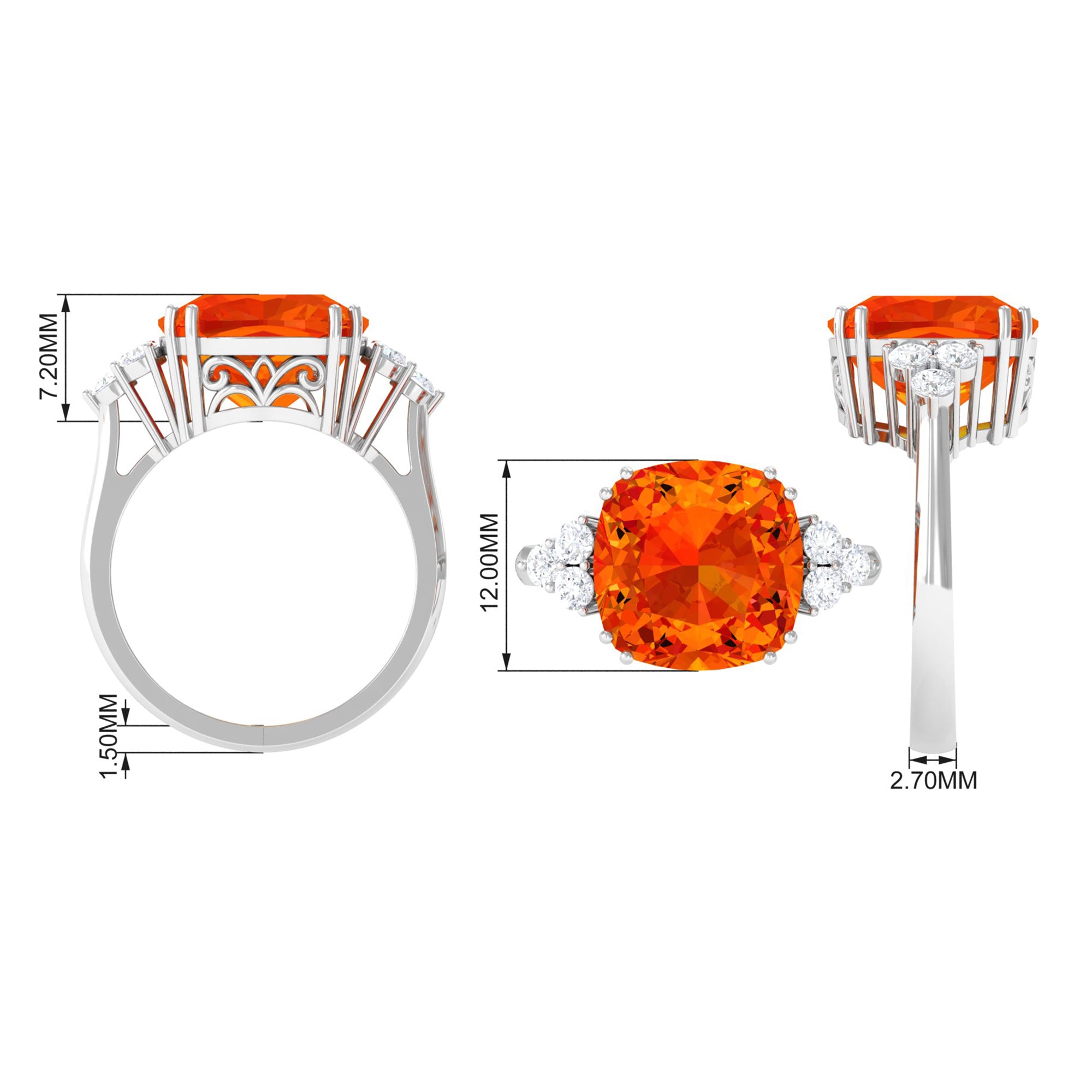 Created Orange Sapphire Cushion Cut Engagement Ring with Diamond Lab Created Orange Sapphire - ( AAAA ) - Quality - Rosec Jewels