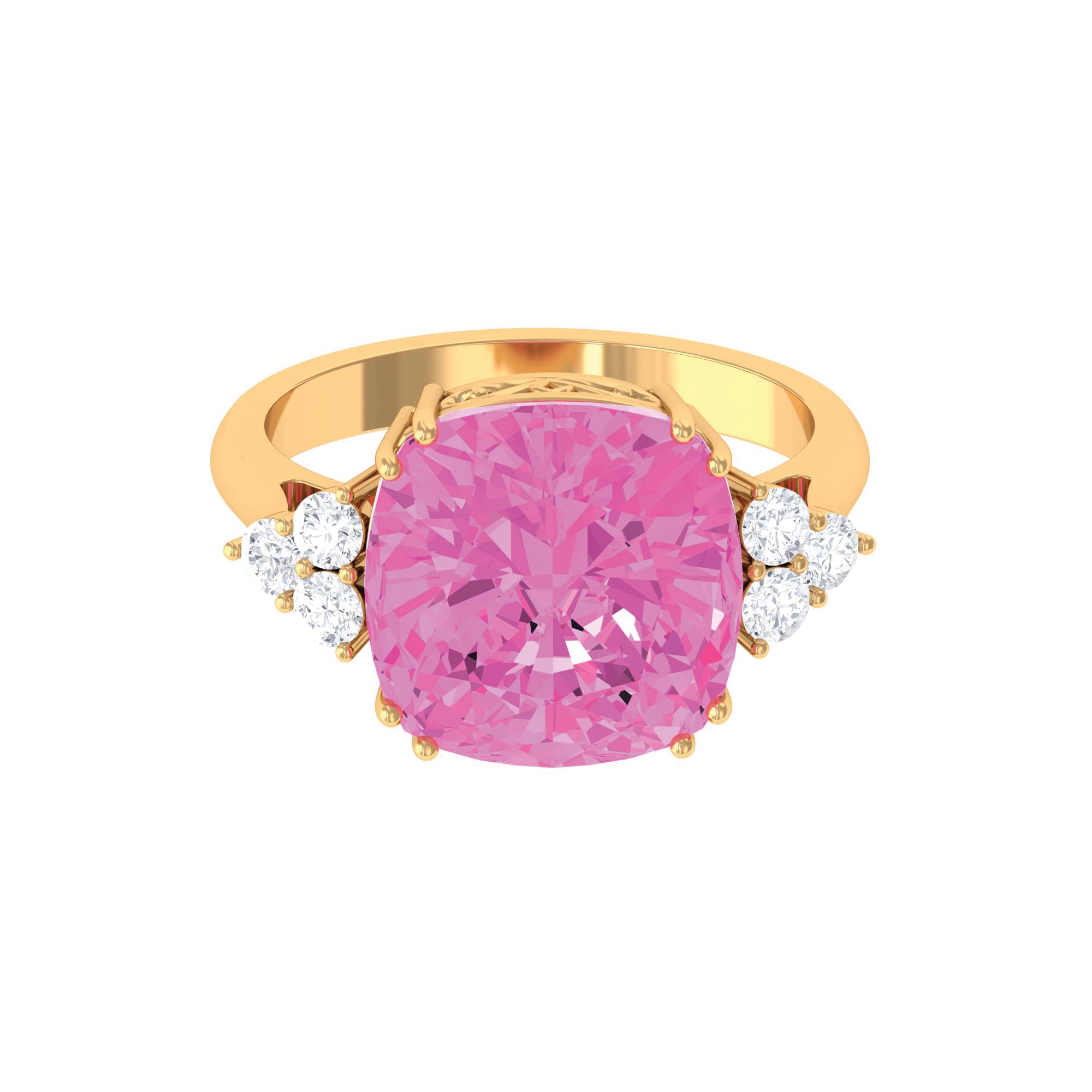 Created Pink Sapphire Solitaire Engagement Ring with Diamond Trio Lab Created Pink Sapphire - ( AAAA ) - Quality - Rosec Jewels