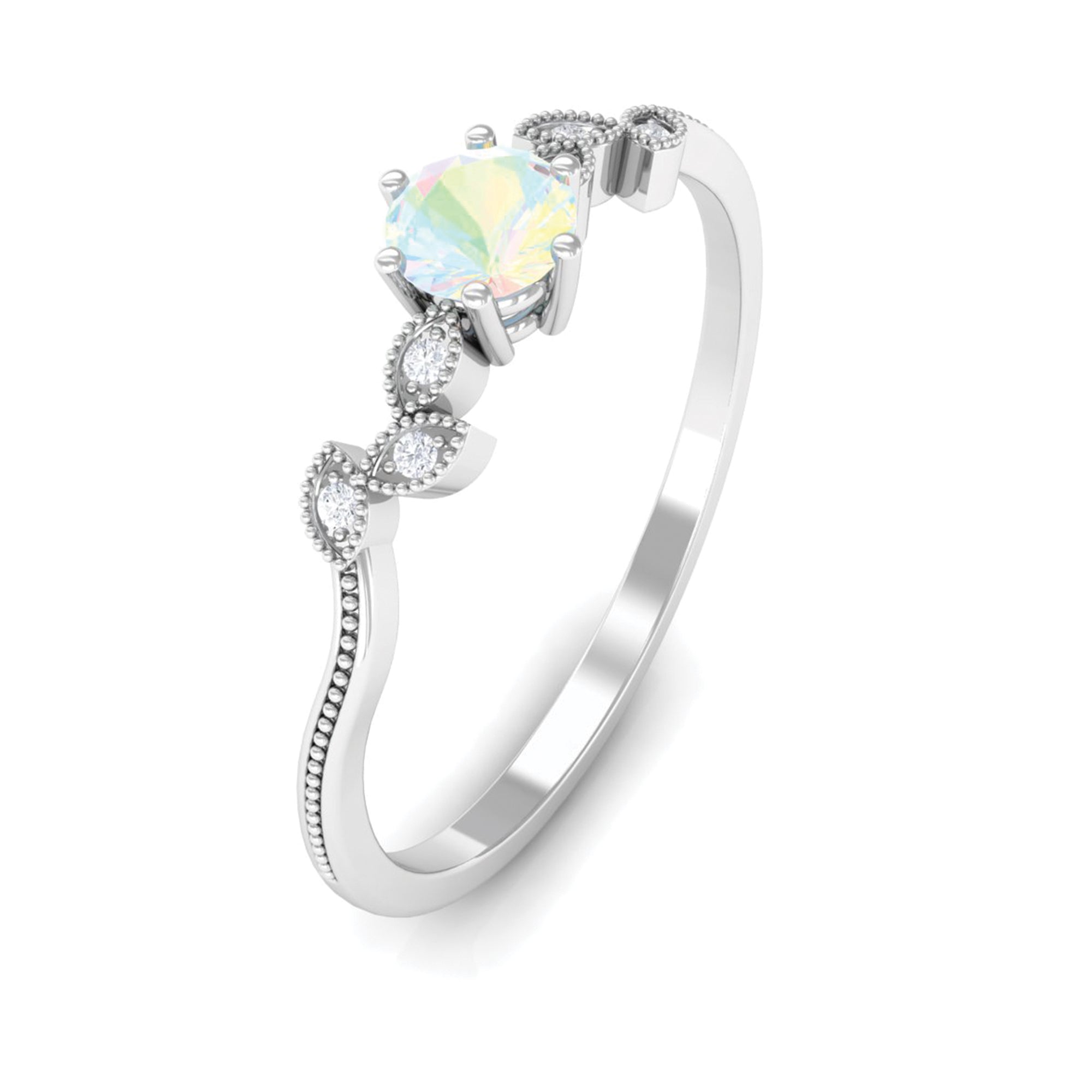 Leaf Inspired Ethiopian Opal Solitaire Promise Ring with Beaded Details Ethiopian Opal - ( AAA ) - Quality - Rosec Jewels