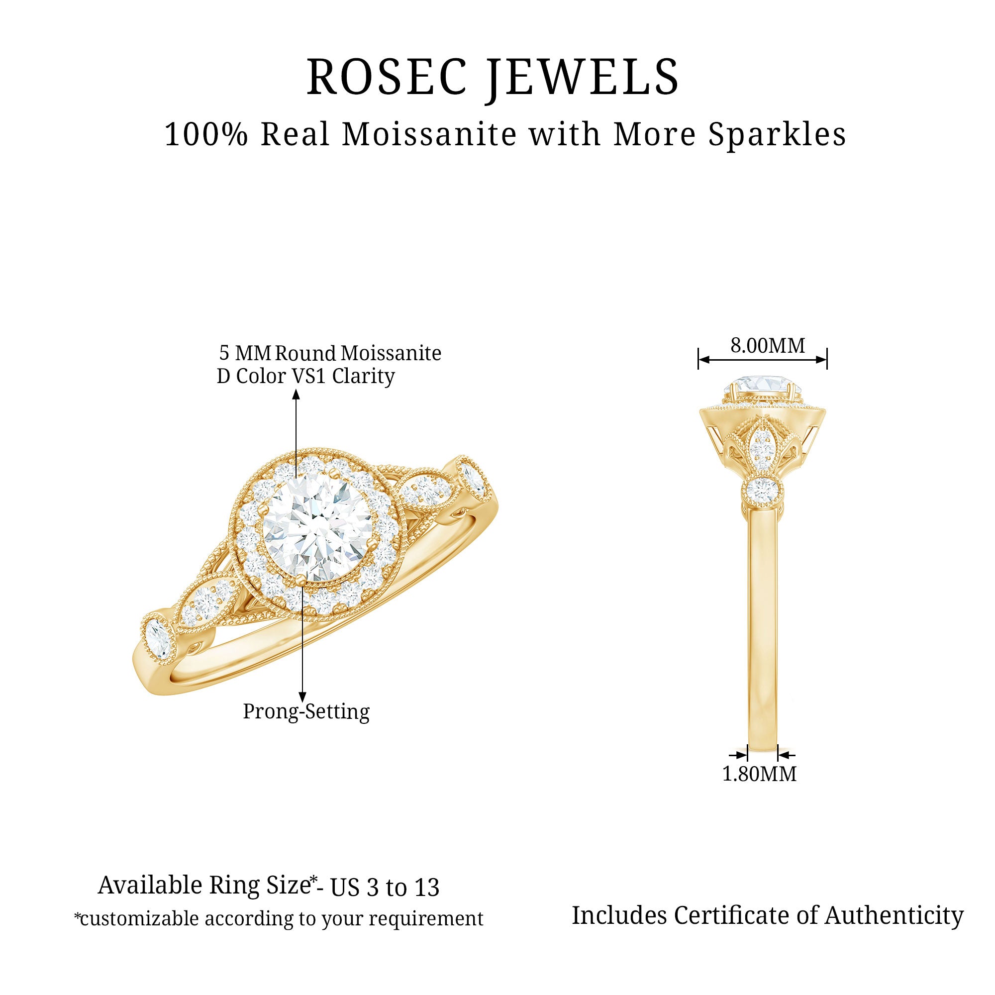 1 CT Round Cut Moissanite Engagement Ring Moissanite - ( D-VS1 ) - Color and Clarity - Rosec Jewels