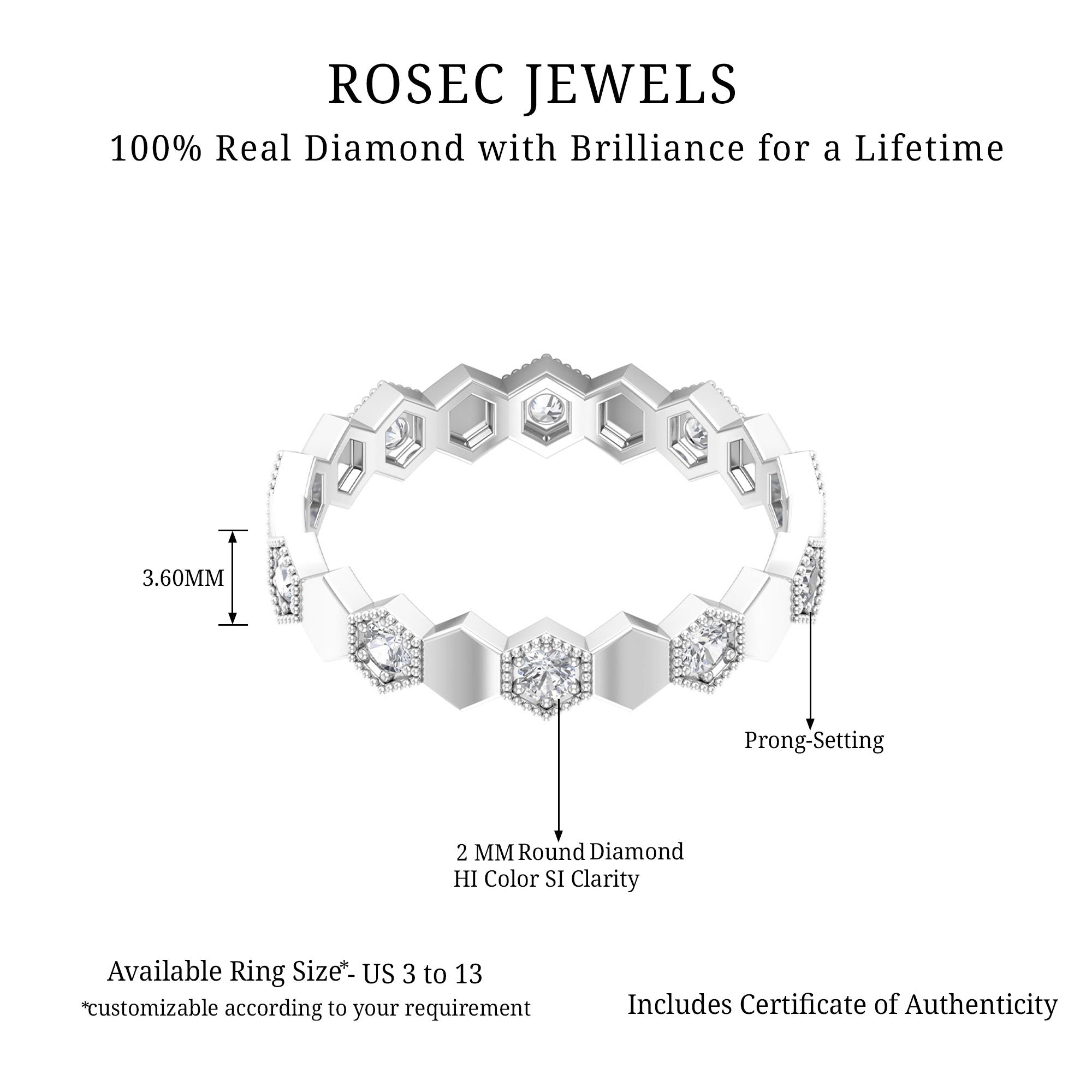 Diamond and Gold Geometric Band Ring Diamond - ( HI-SI ) - Color and Clarity - Rosec Jewels