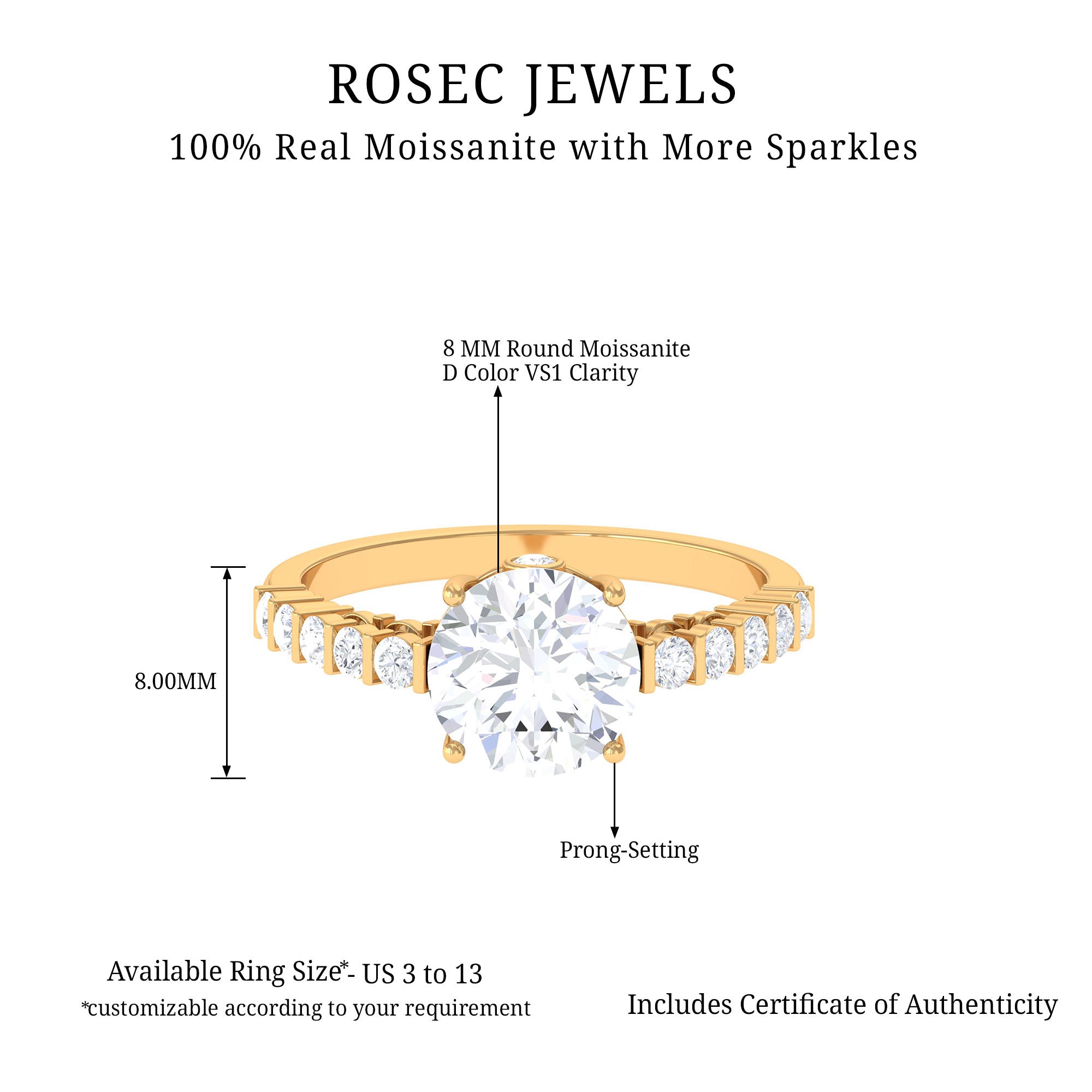 Solitaire Moissanite Engagement Ring with Side Stones Moissanite - ( D-VS1 ) - Color and Clarity - Rosec Jewels