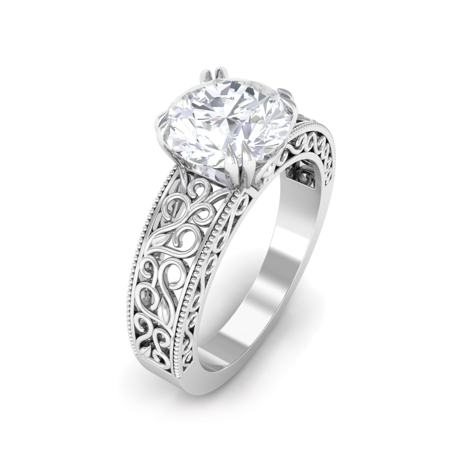 Vintage Inspired Solitaire Moissanite Filigree Ring Moissanite - ( D-VS1 ) - Color and Clarity - Rosec Jewels