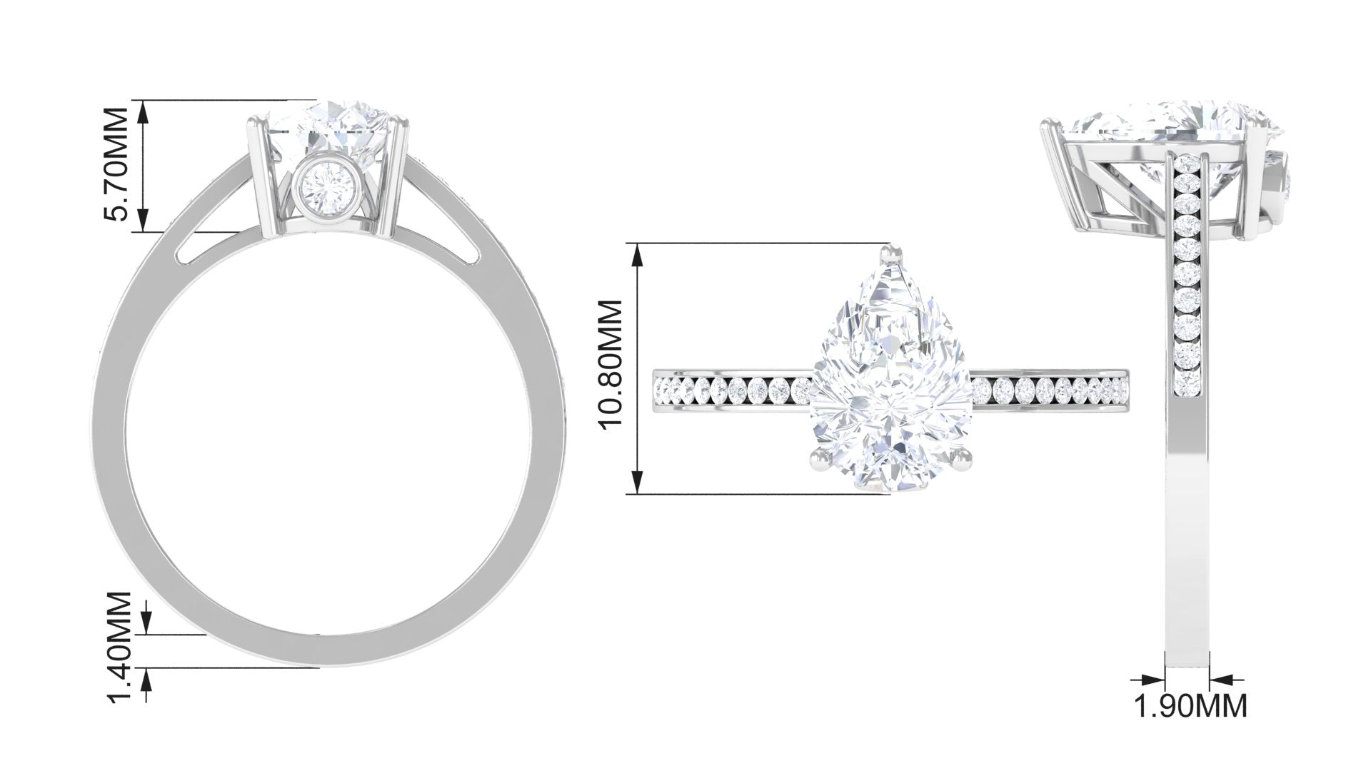 Rosec Jewels-Pear Cut Solitaire and Hidden Moissanite Ring with Channel Set Side Stones