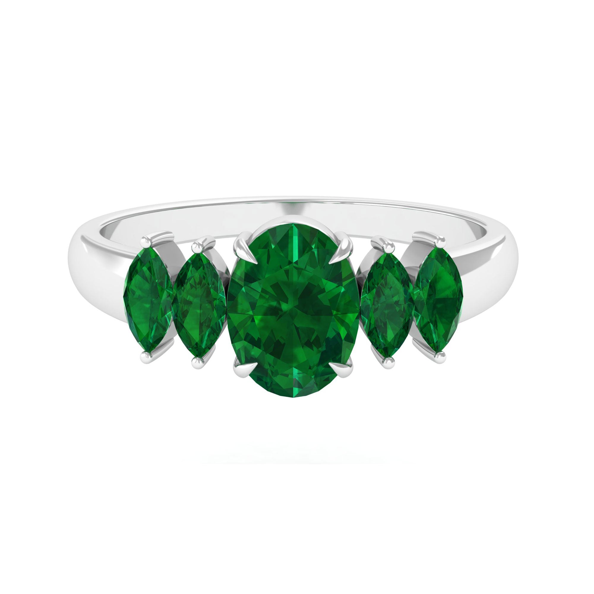 2 CT Oval and Marquise Cut Created Emerald Five Stone Ring Lab Created Emerald - ( AAAA ) - Quality - Rosec Jewels