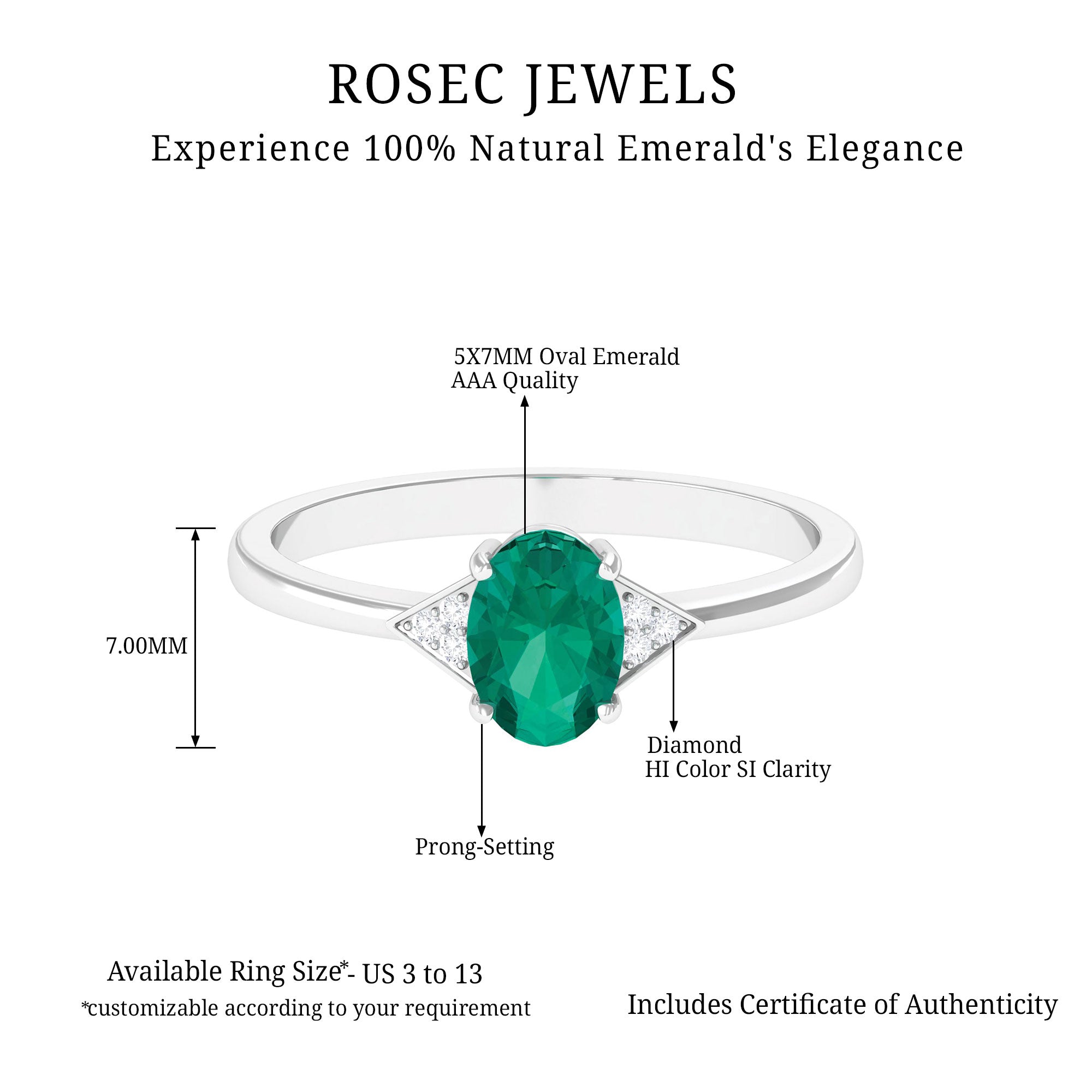 3/4 CT Oval Emerald Engagement Ring with Diamond Trio Emerald - ( AAA ) - Quality - Rosec Jewels