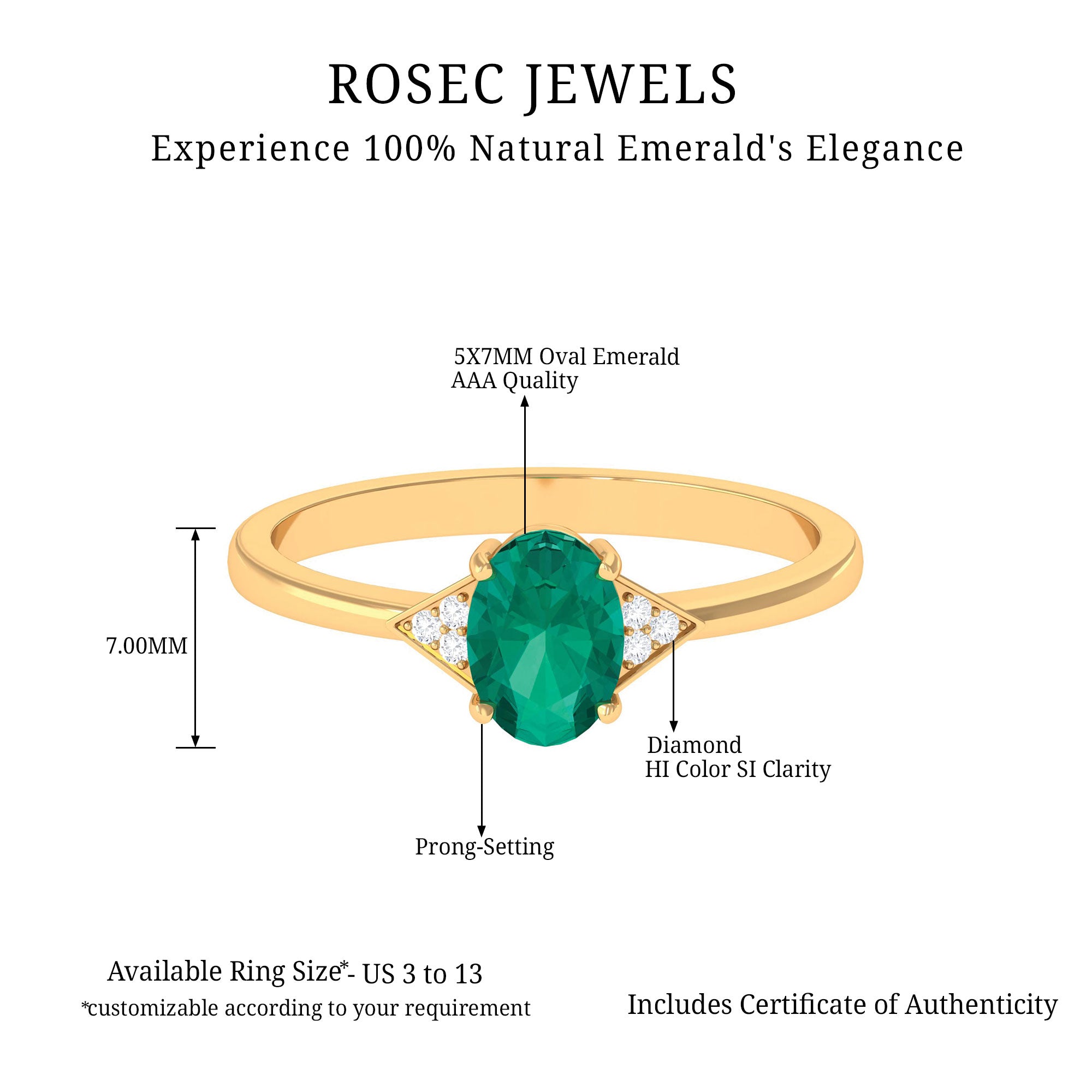 3/4 CT Oval Emerald Engagement Ring with Diamond Trio Emerald - ( AAA ) - Quality - Rosec Jewels