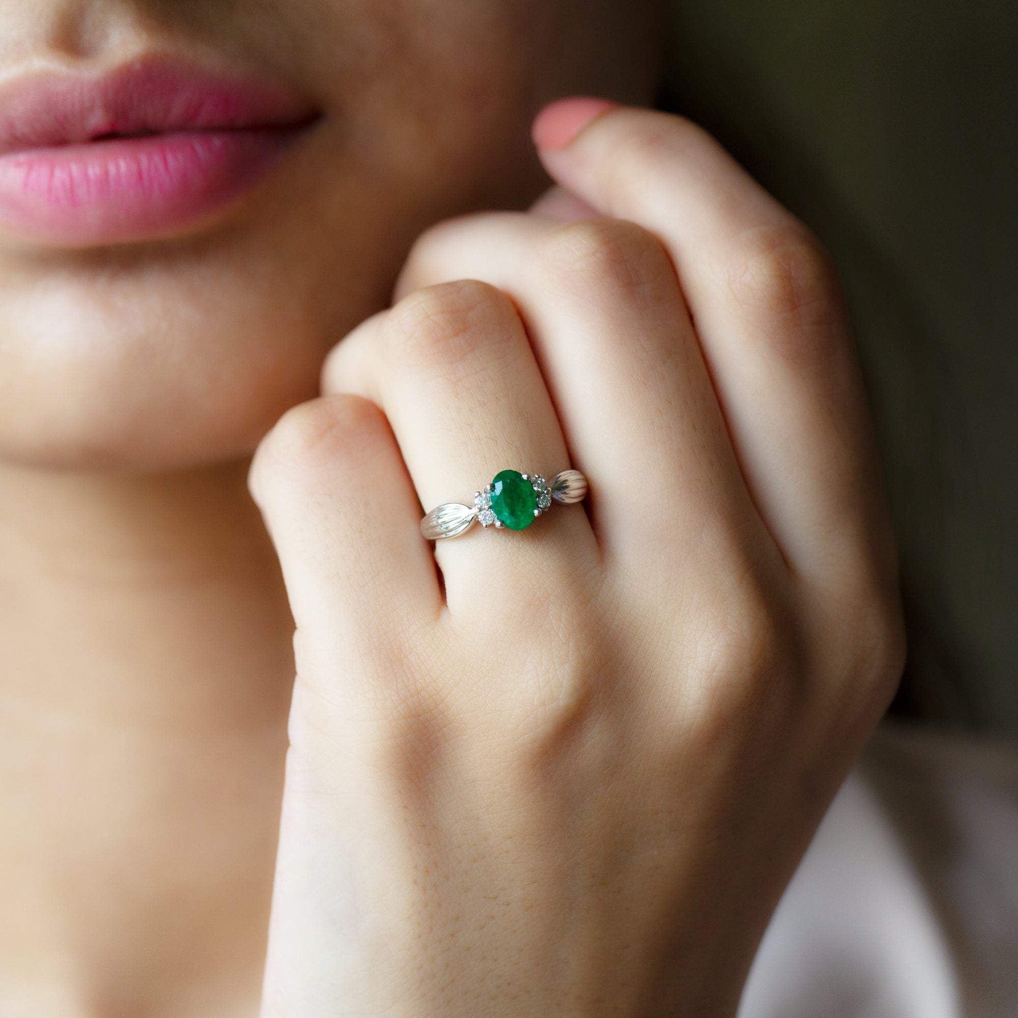 Oval Emerald Solitaire Engagement Ring with Diamond Accent Emerald - ( AAA ) - Quality - Rosec Jewels