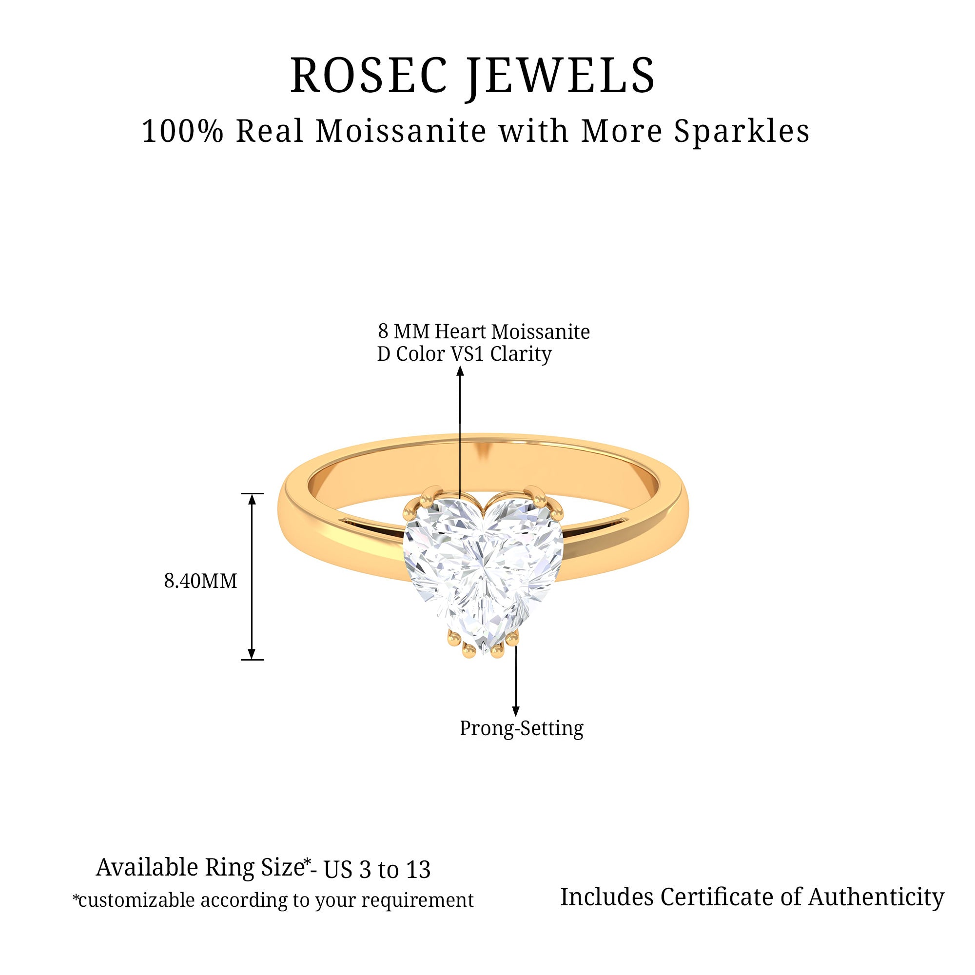 Certified Moissanite Solitaire Heart Engagement Ring Moissanite - ( D-VS1 ) - Color and Clarity - Rosec Jewels