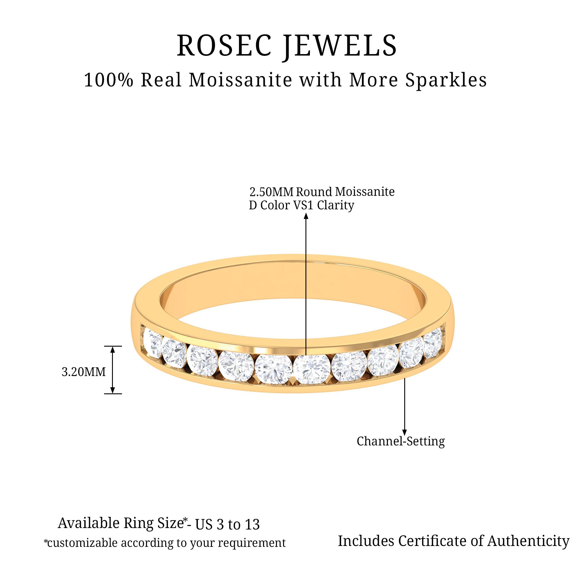 Channel Set Moissanite Half Eternity Band Ring Moissanite - ( D-VS1 ) - Color and Clarity - Rosec Jewels