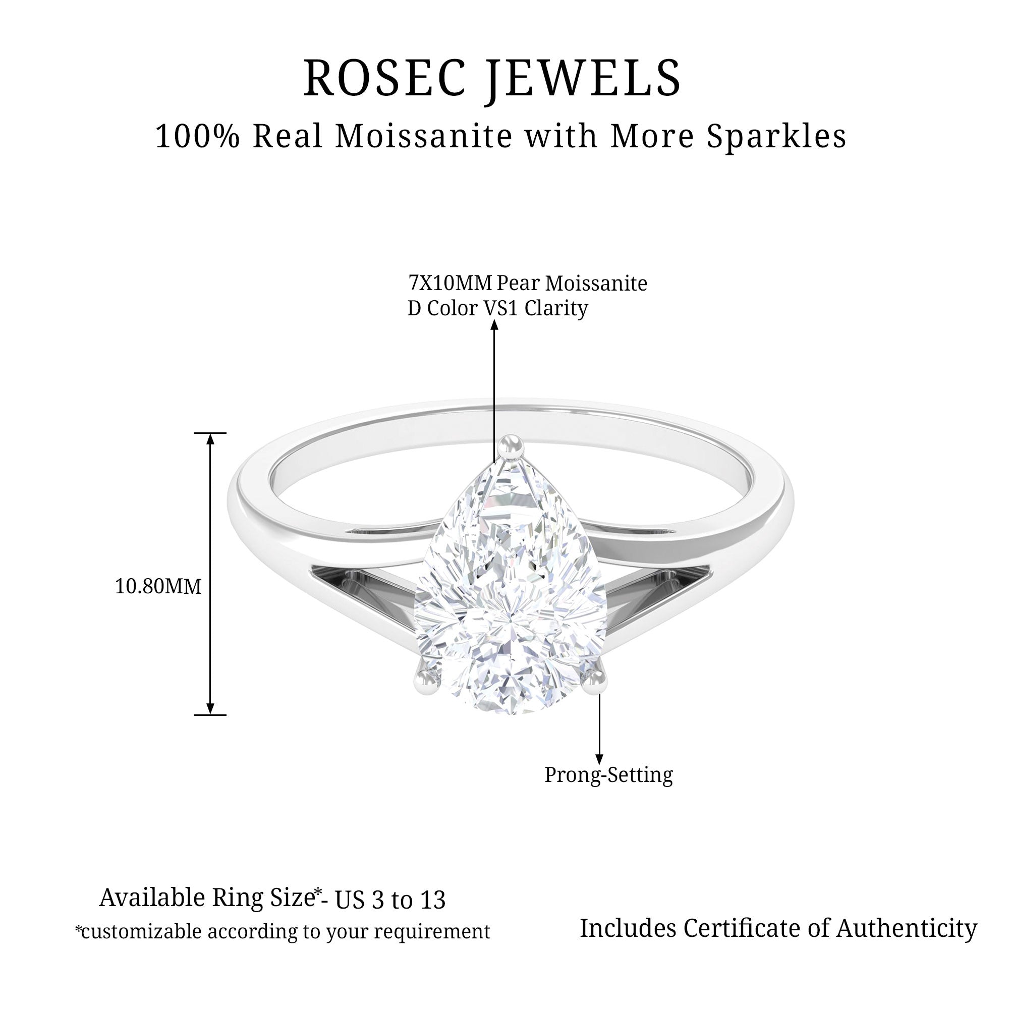 2 CT Prong Set Solitaire and Hidden Moissanite Split Shank Ring Moissanite - ( D-VS1 ) - Color and Clarity - Rosec Jewels