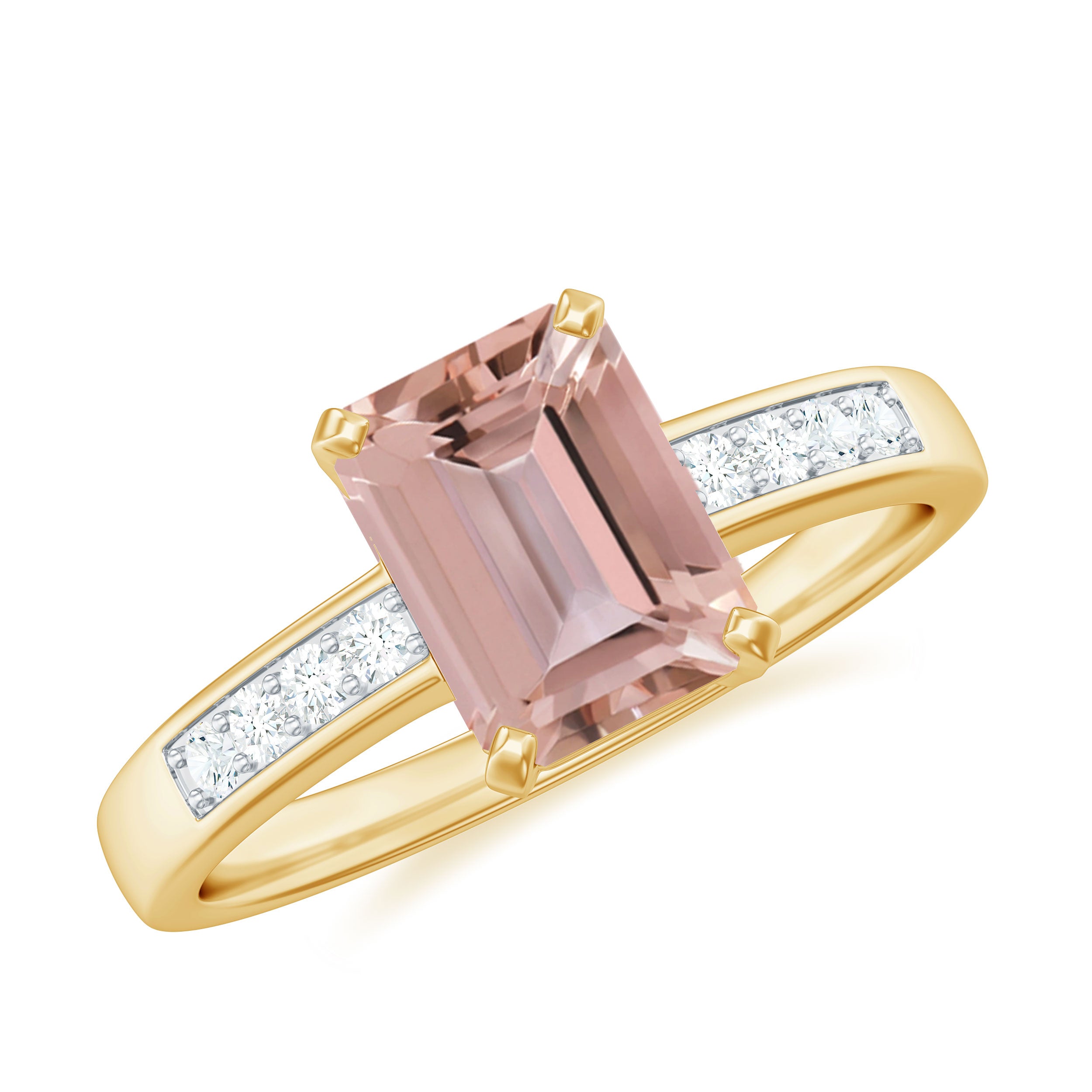 Emerald Cut Morganite Solitaire Ring with Diamond Morganite - ( AAA ) - Quality - Rosec Jewels