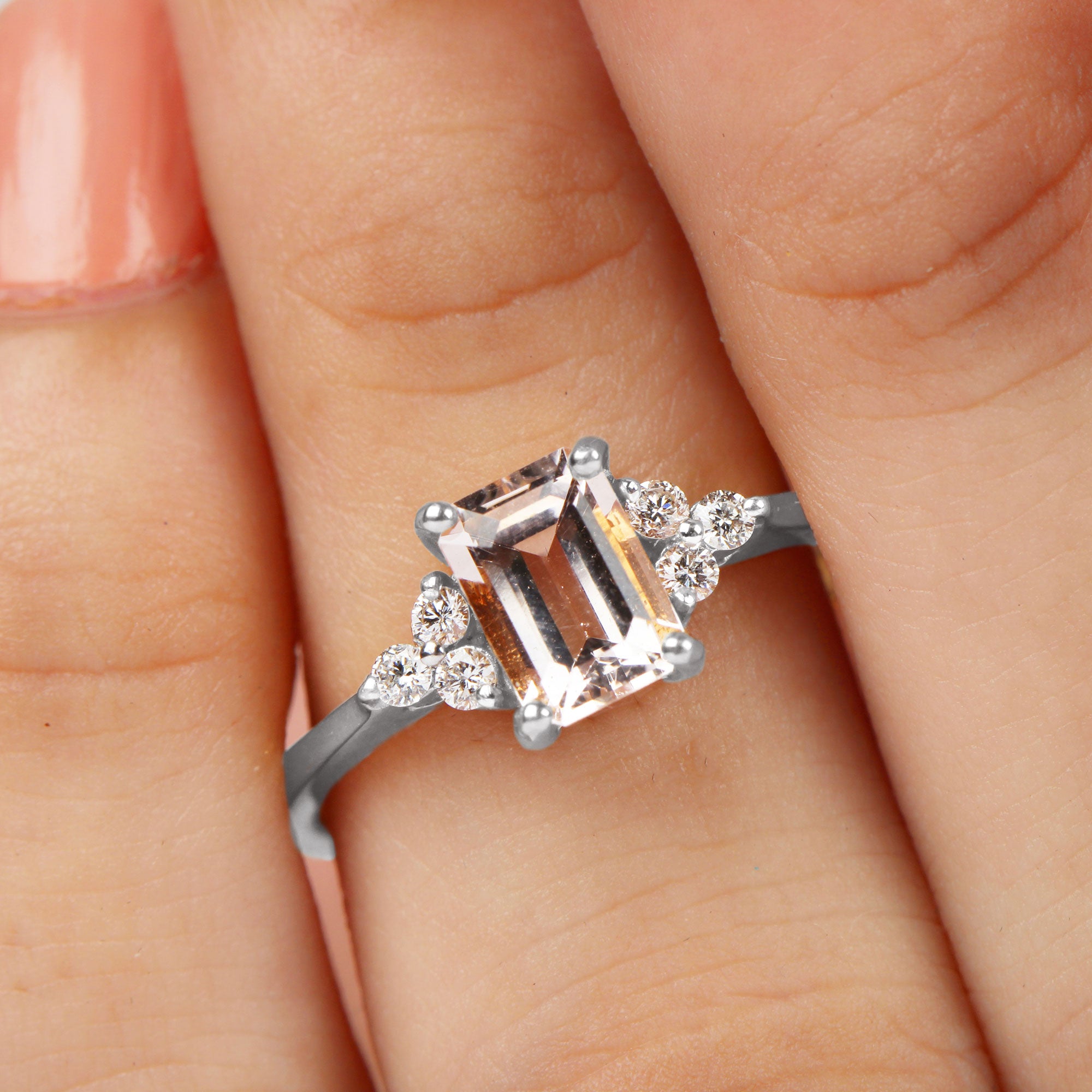 Emerald Cut Morganite Solitaire Engagement Ring with Diamond Trio Morganite - ( AAA ) - Quality - Rosec Jewels