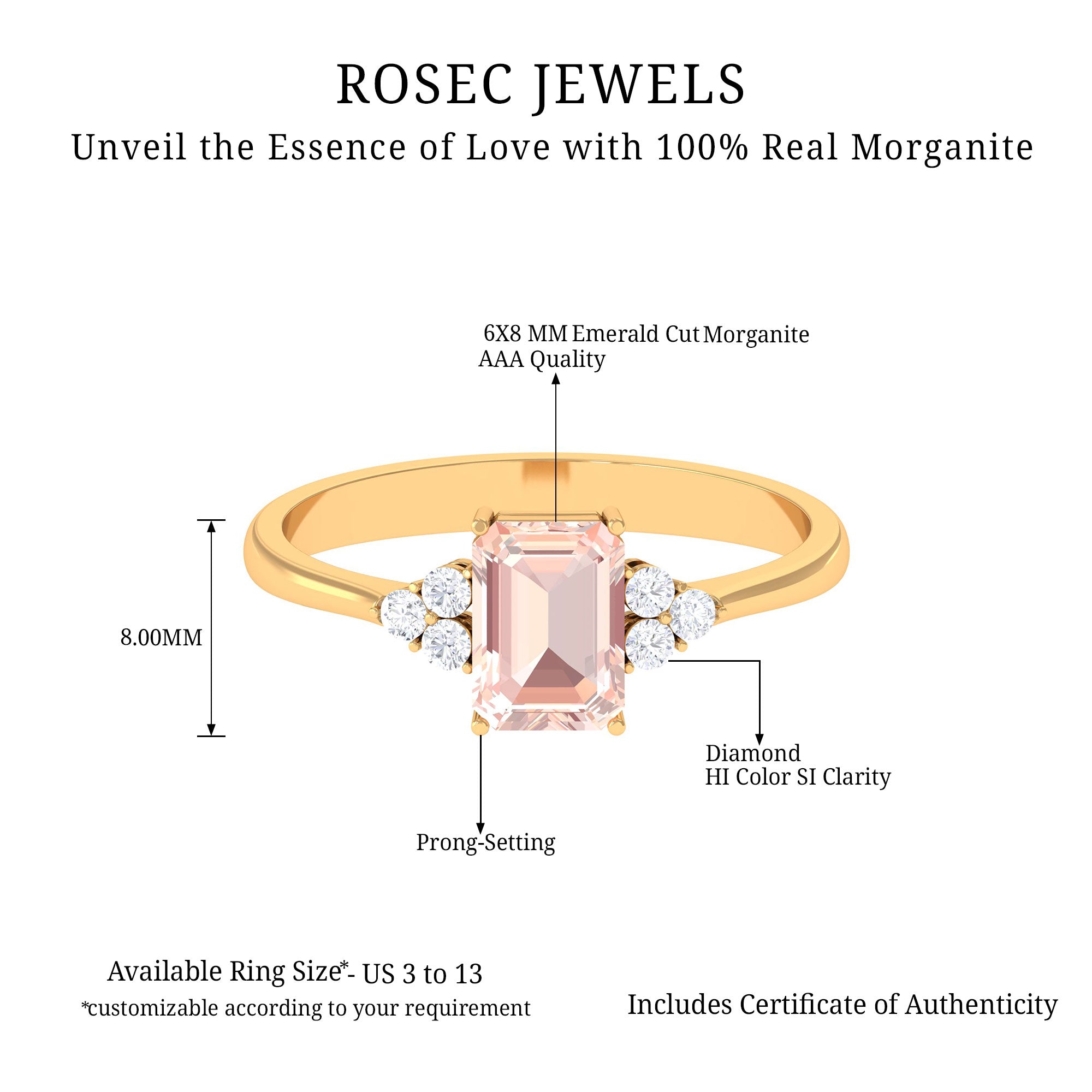 Emerald Cut Morganite Solitaire Engagement Ring with Diamond Trio Morganite - ( AAA ) - Quality - Rosec Jewels