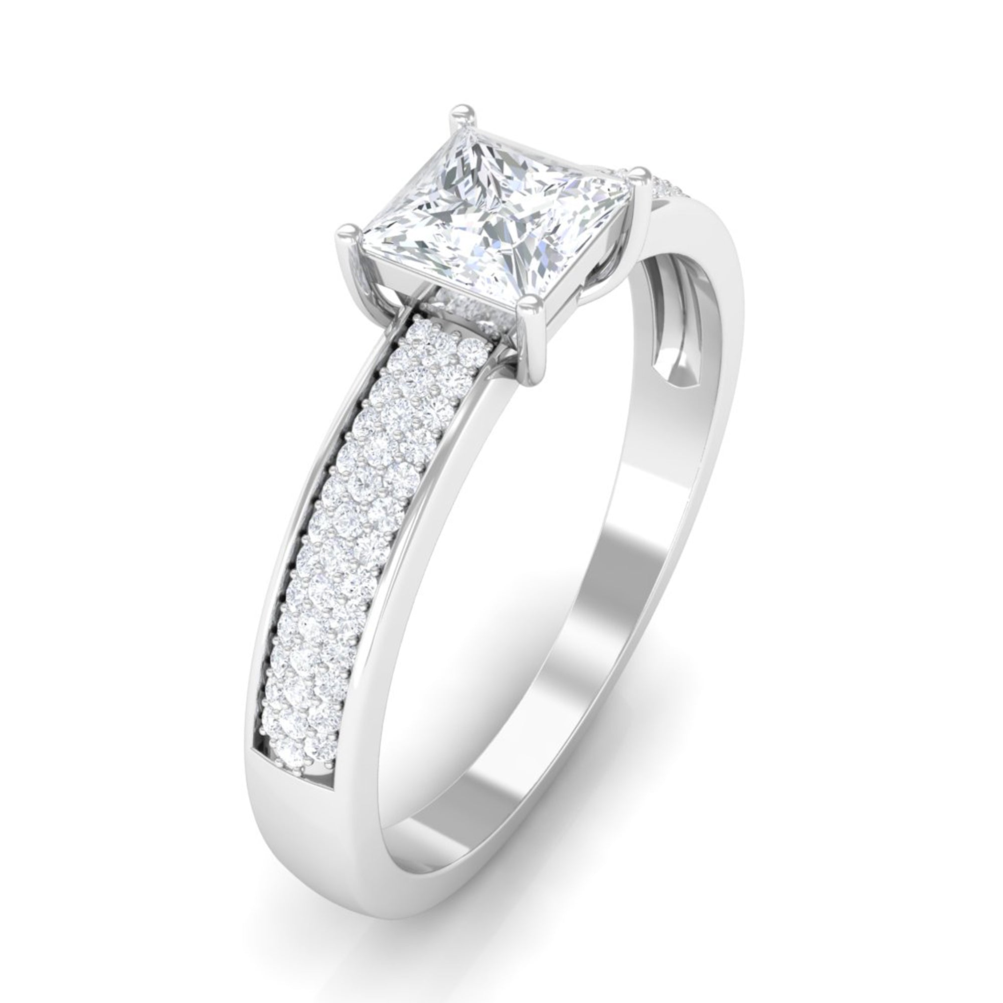 Princess Cut Cubic Zirconia Engagement Ring with Side Stones Zircon - ( AAAA ) - Quality - Rosec Jewels