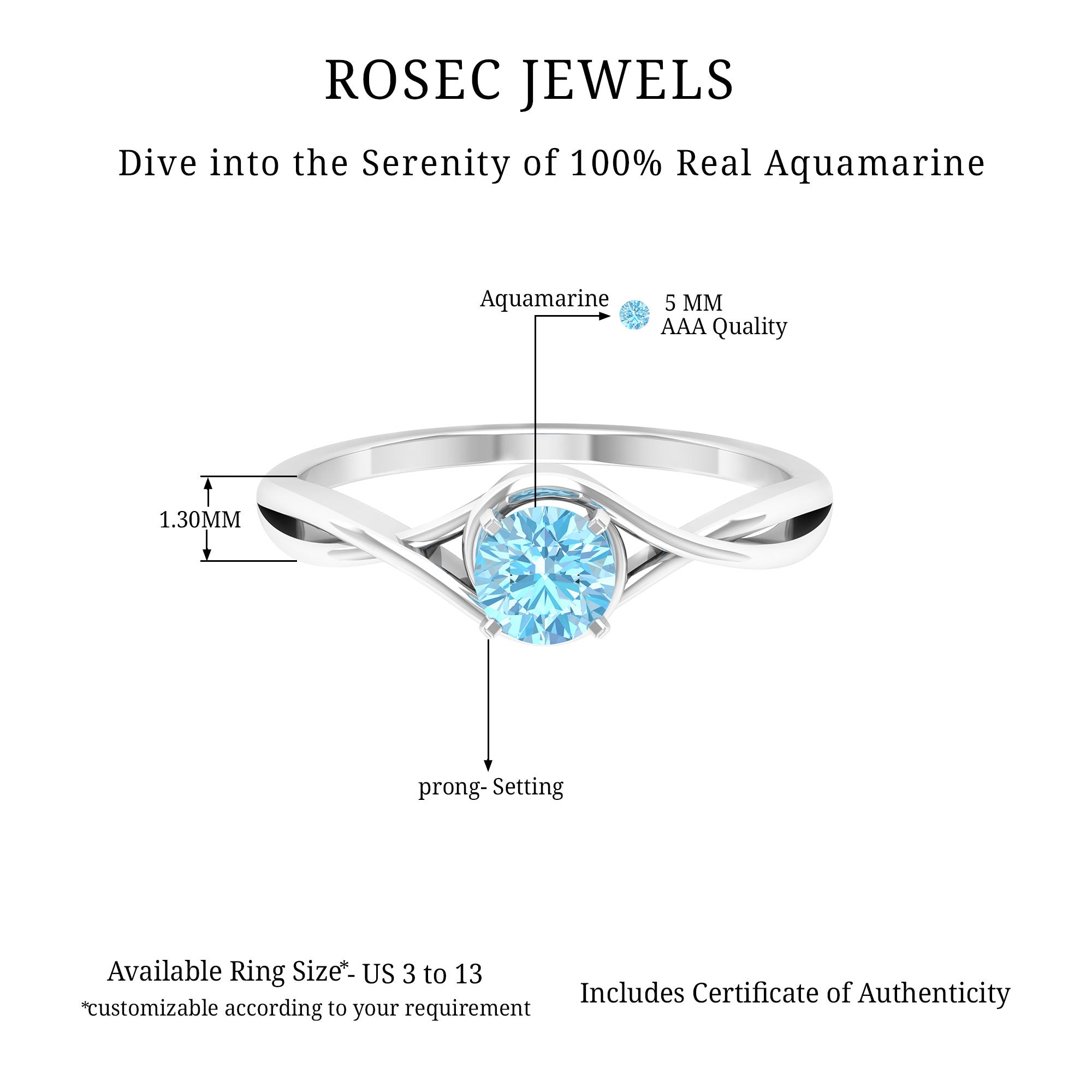 1/2 CT Round Cut Aquamarine Solitaire Ring in Square Prong Setting with Crossover Shank Aquamarine - ( AAA ) - Quality - Rosec Jewels