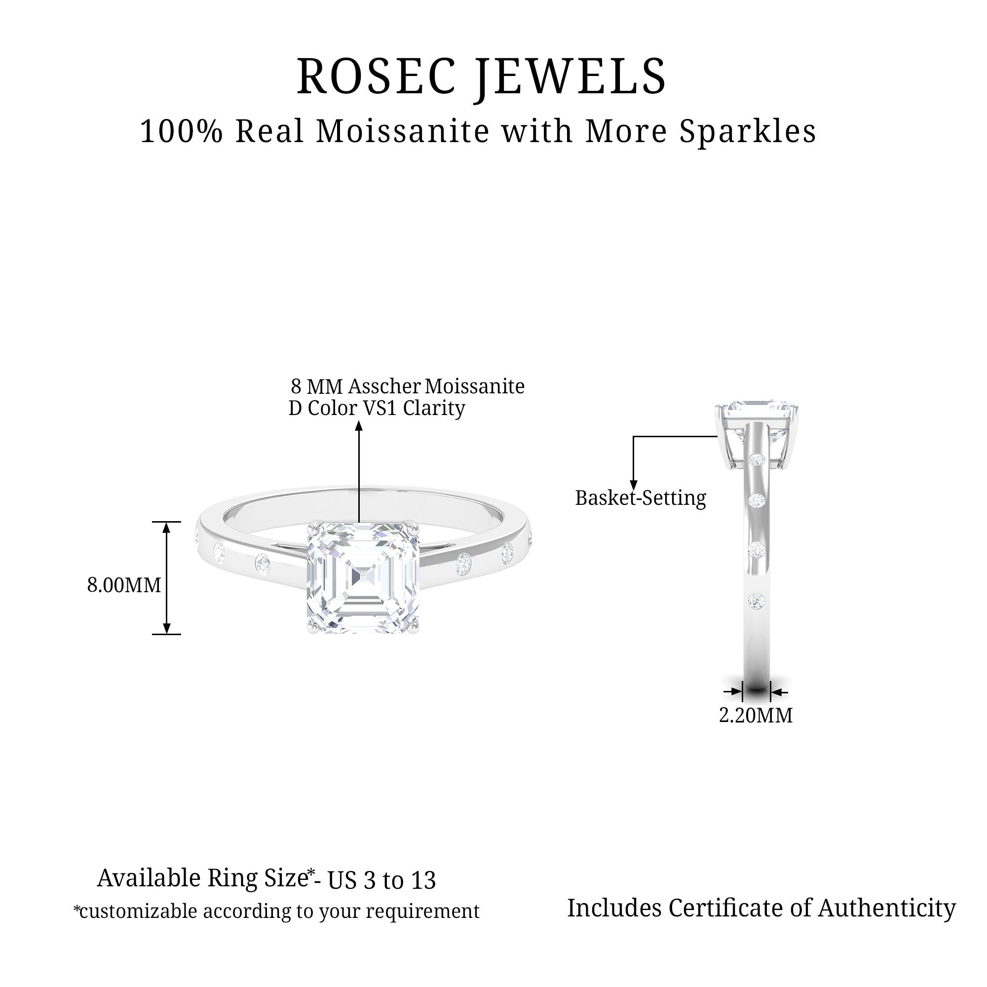 Asscher Cut Moissanite Solitaire Ring with Sleek Accent Moissanite - ( D-VS1 ) - Color and Clarity - Rosec Jewels