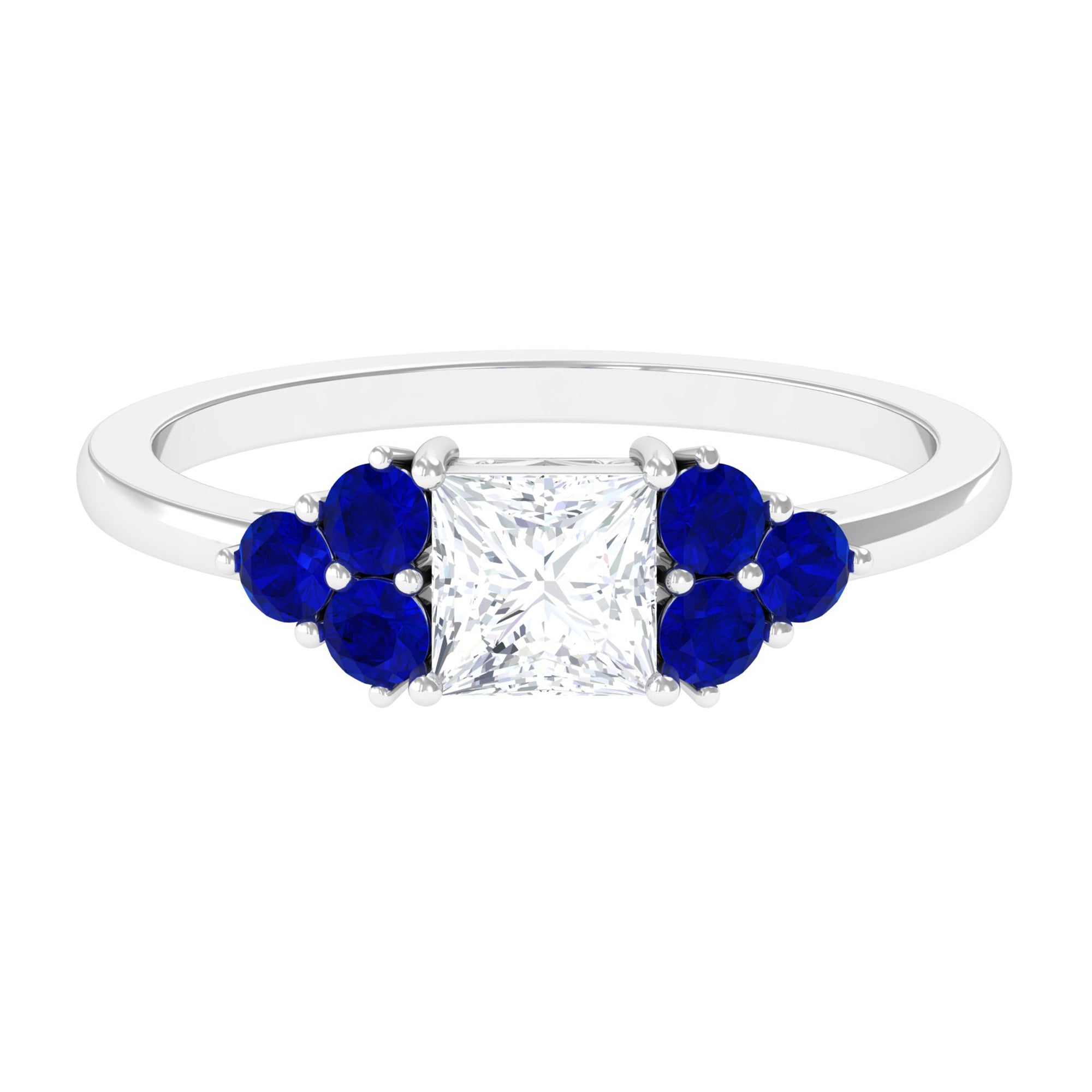 Rosec Jewels-Moissanite Princess Cut Engagement Ring With Lab Grown Blue Sapphire Side Stone