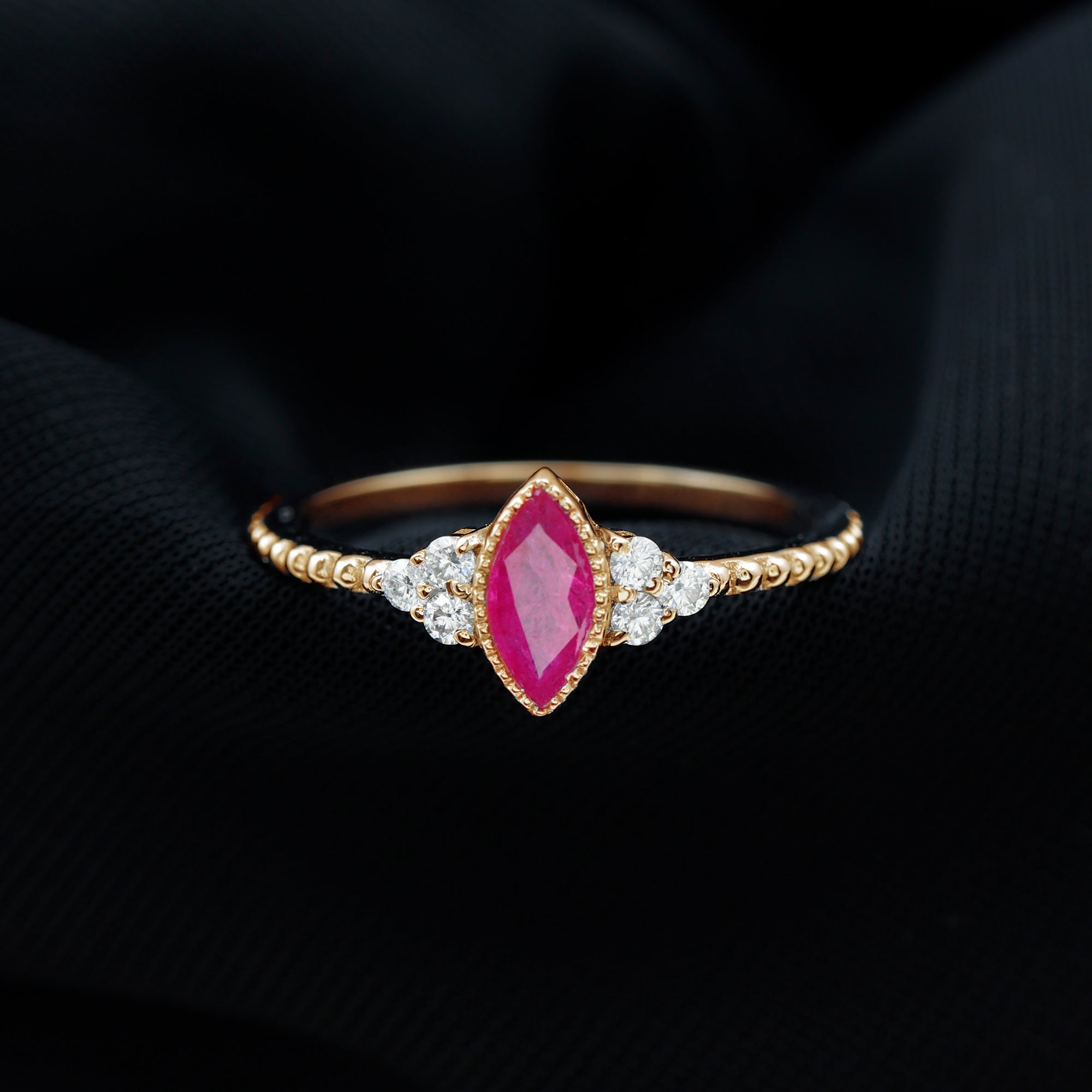 Bezel Set Marquise Ruby Solitaire Promise Ring with Diamond Trio Ruby - ( AAA ) - Quality - Rosec Jewels