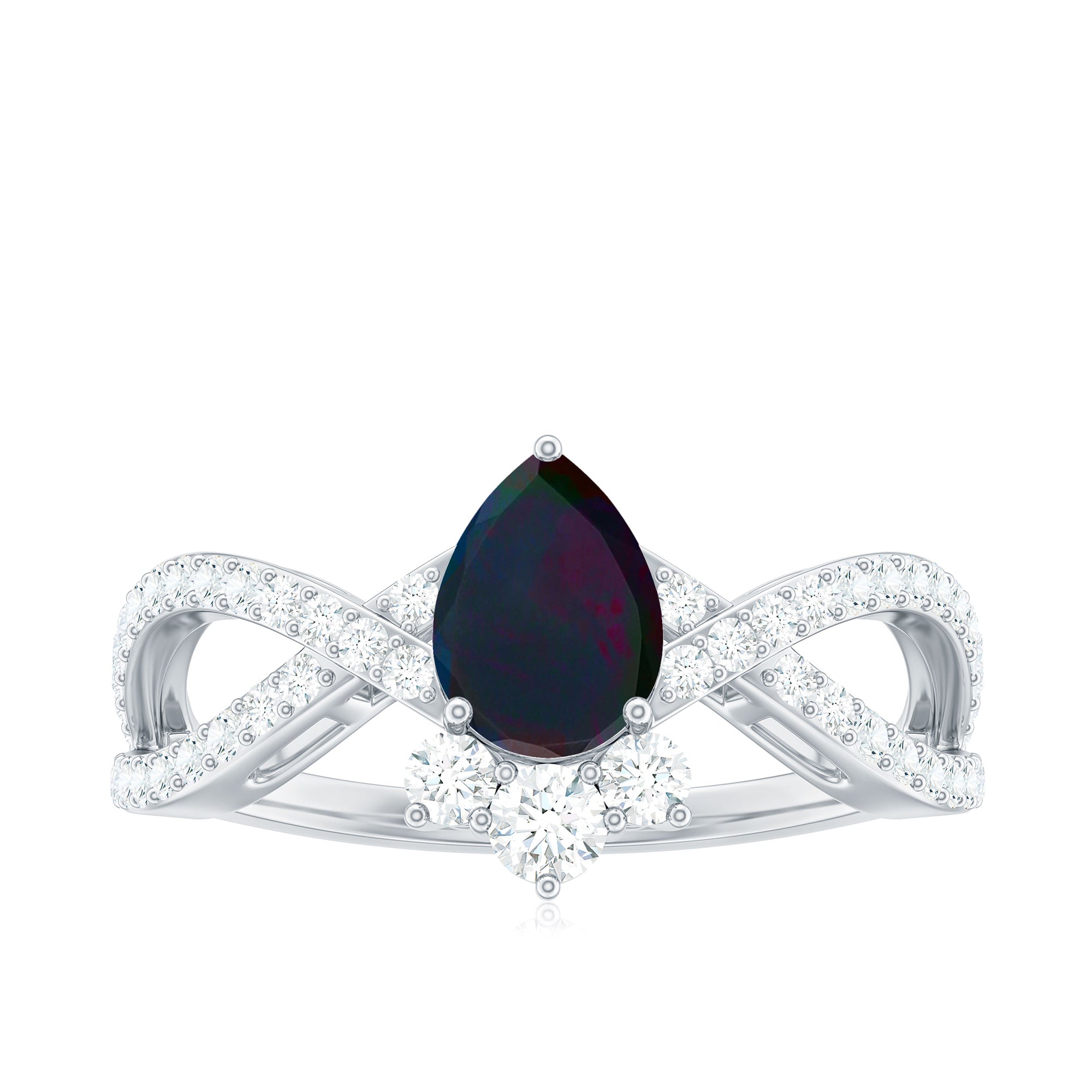 Designer Black Opal Teardrop Crossover Ring with Diamond Black Opal - ( AAA ) - Quality - Rosec Jewels