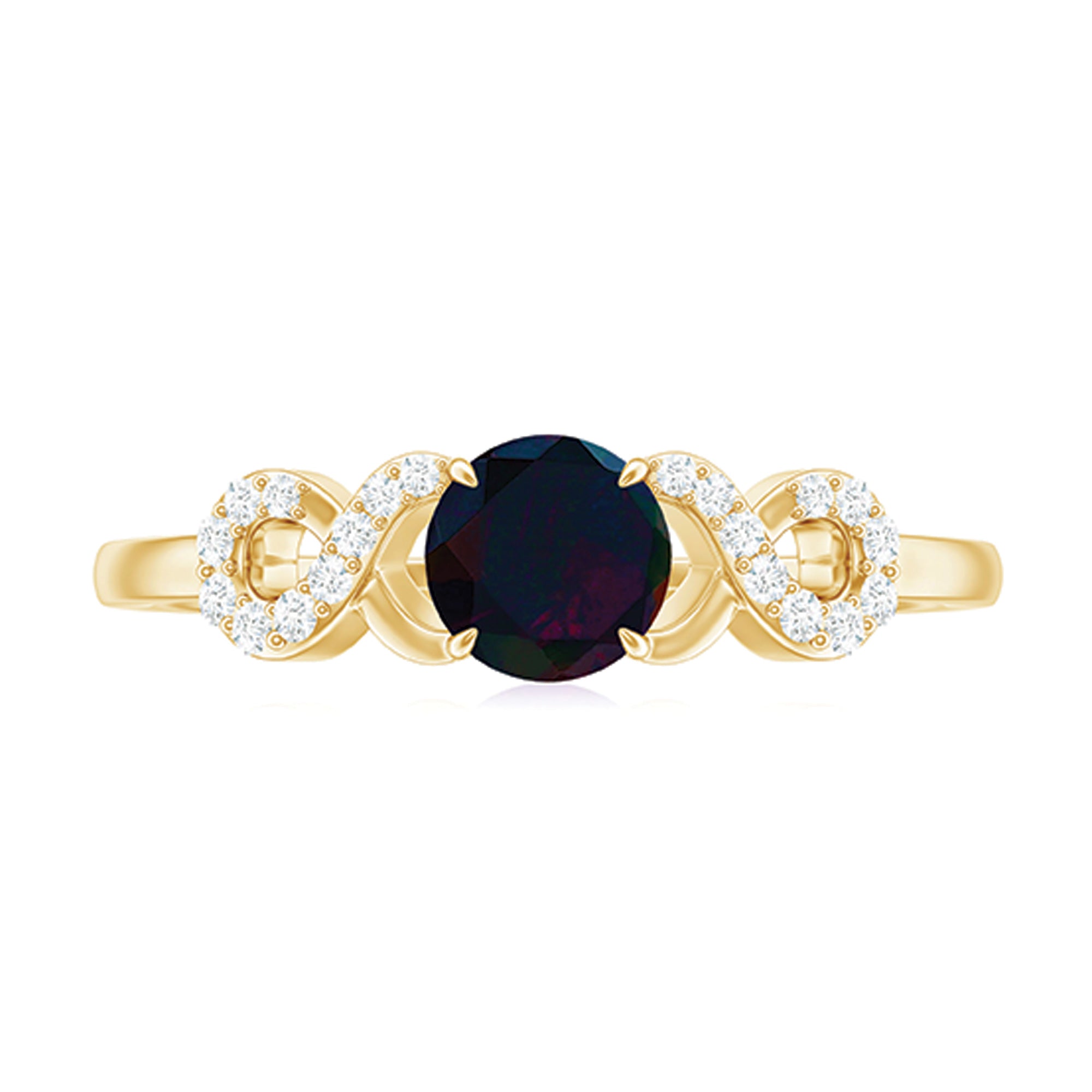 Round Black Opal Criss Cross Promise Ring with Diamond Black Opal - ( AAA ) - Quality - Rosec Jewels