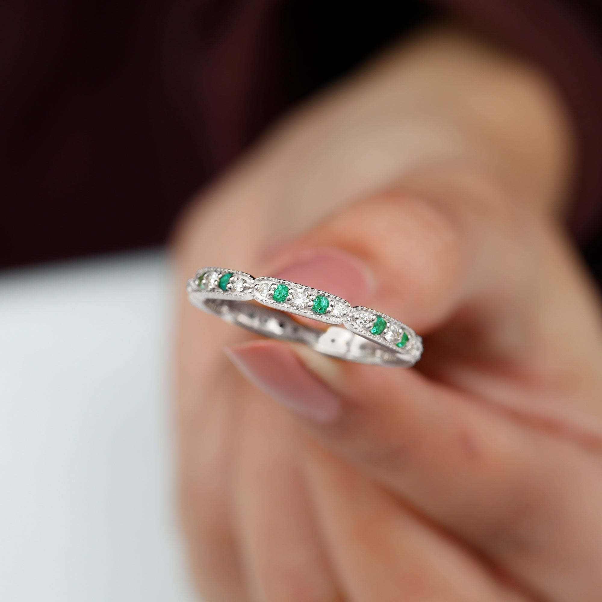 Emerald and Diamond Alternating Eternity Ring Emerald - ( AAA ) - Quality - Rosec Jewels