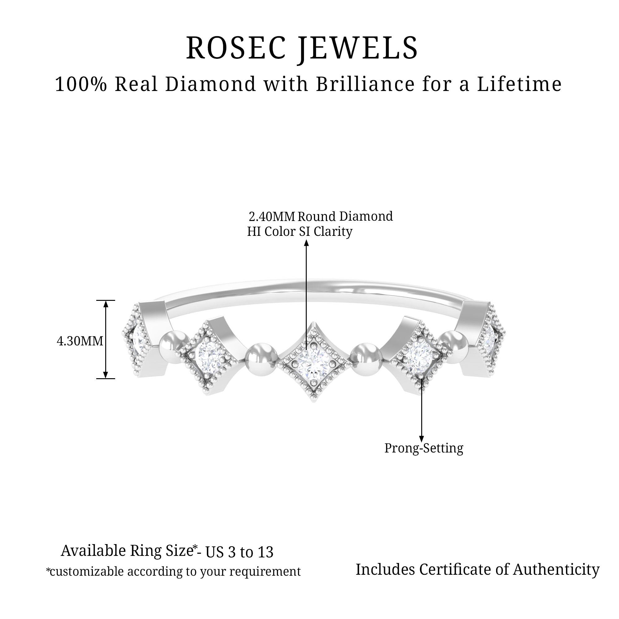 Dainty 5 Stone Diamond Ring Diamond - ( HI-SI ) - Color and Clarity - Rosec Jewels