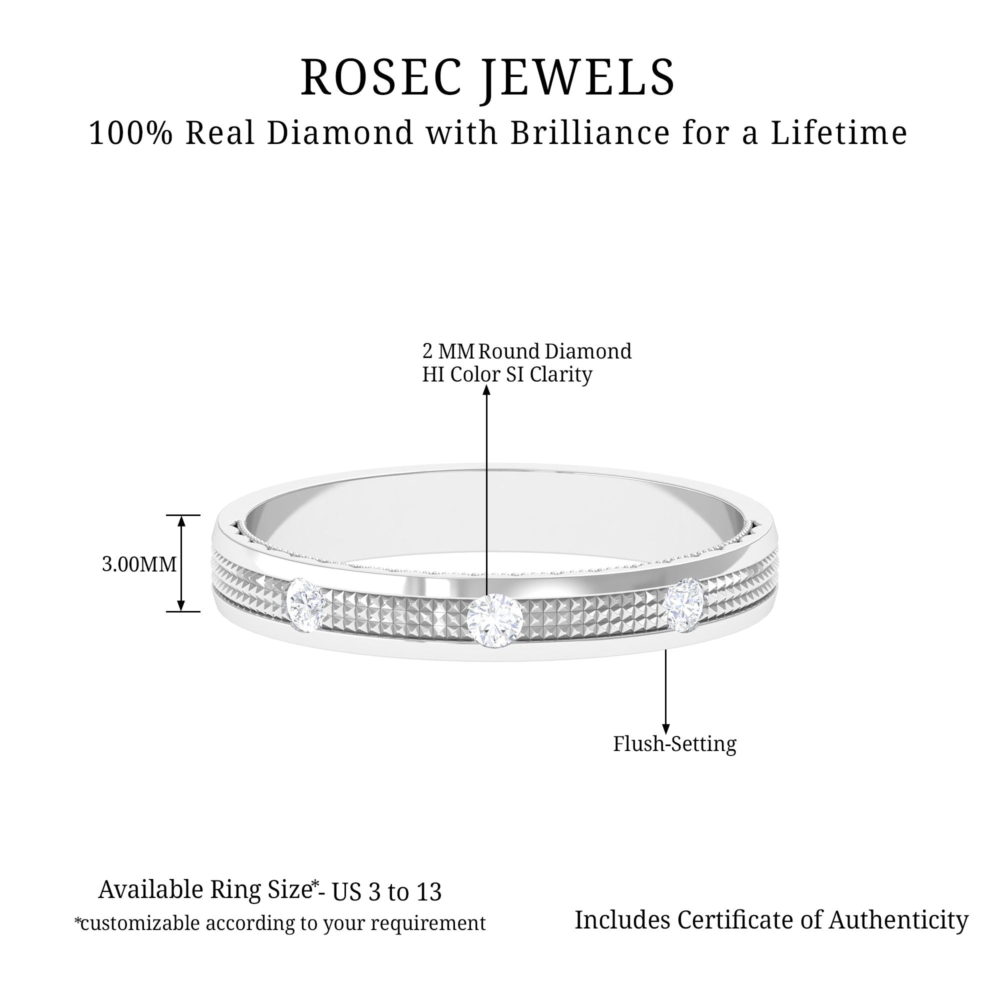 Statement Diamond Gold Band Ring in Flush Setting Diamond - ( HI-SI ) - Color and Clarity - Rosec Jewels