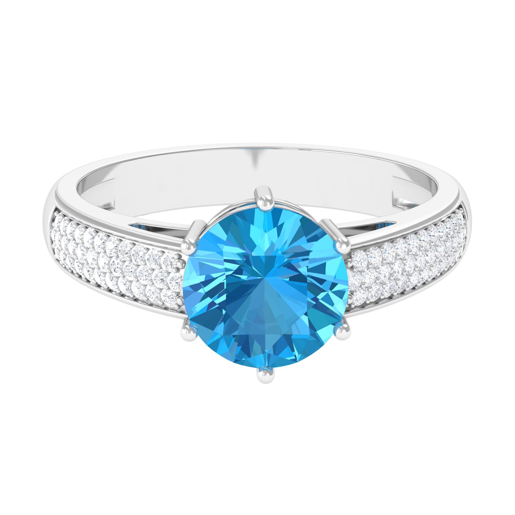 Round Swiss Blue Topaz Solitaire Ring with Diamond Side Stones Swiss Blue Topaz - ( AAA ) - Quality - Rosec Jewels