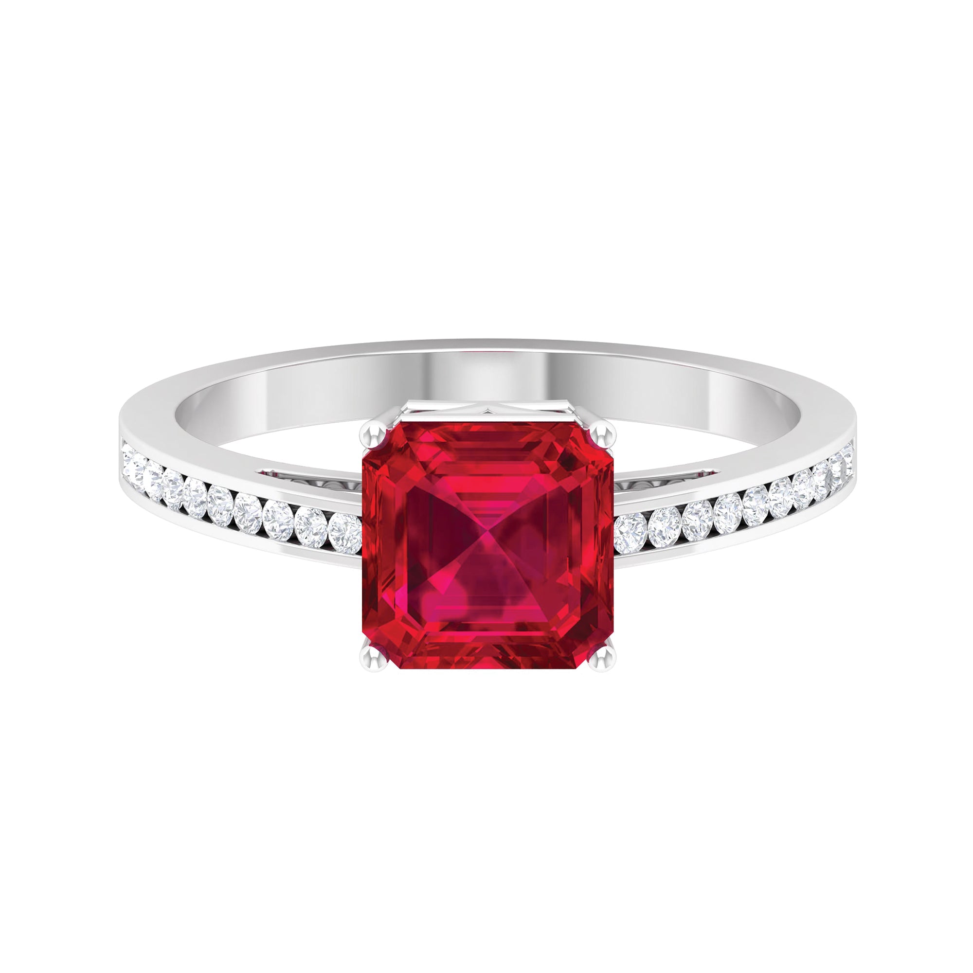 4.25 CT Asscher Cut Created Ruby Solitaire Engagement Ring with Diamond Side Stones Lab Created Ruby - ( AAAA ) - Quality - Rosec Jewels